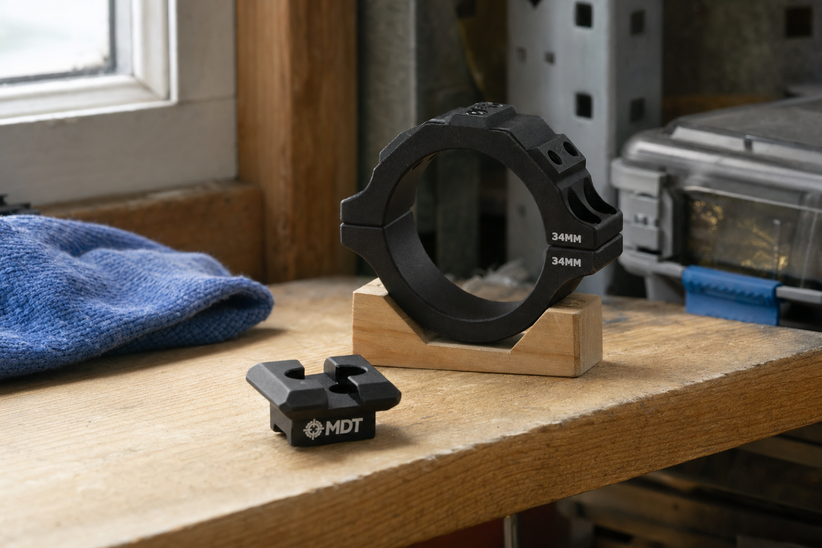 A black circular accessory collar sits in a small wooden cradle on a timber bench beside its short Picatinny adapter.