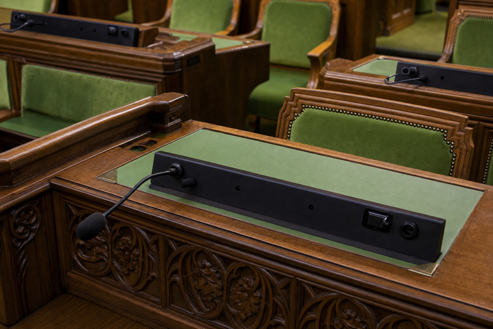 A black desk microphone above a green writing surface in a carved oak parliamentary desk, with an empty green chair behind.