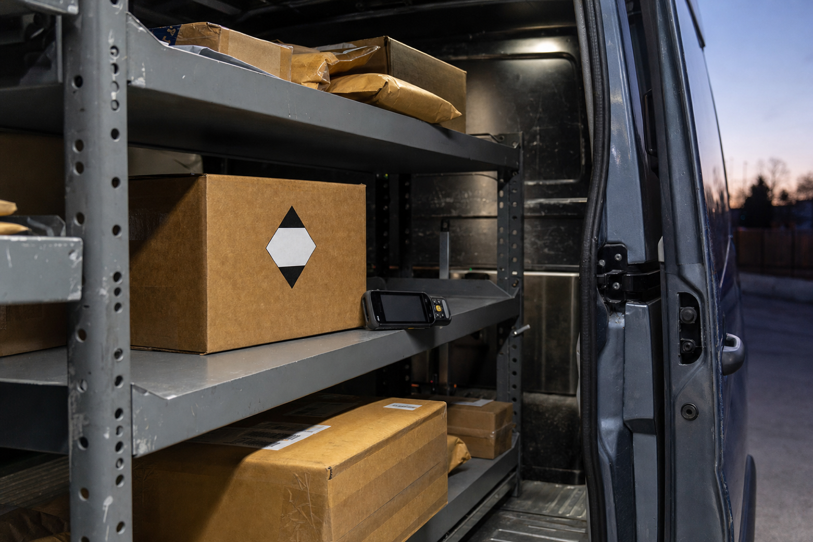 Sealed cartons on grey delivery-van shelving, with a black-and-white diamond mark on one carton and a dark-screen scanner beside it.