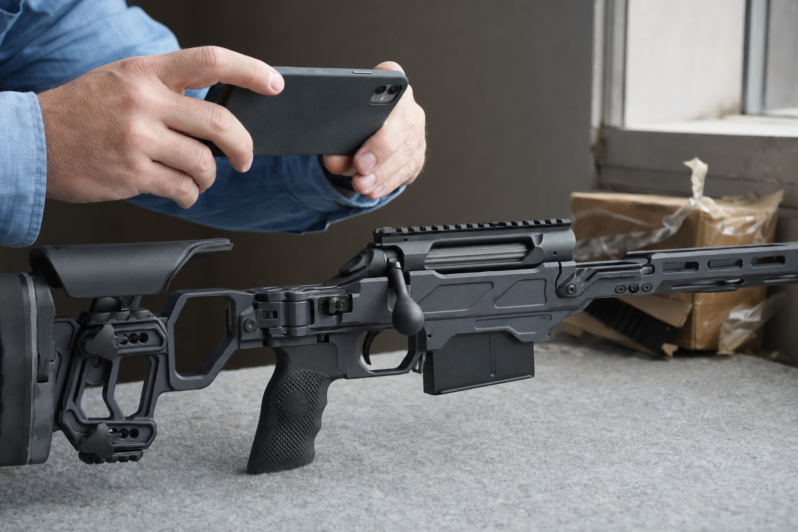 Hands photograph the side of a supported chassis rifle receiver with a phone.