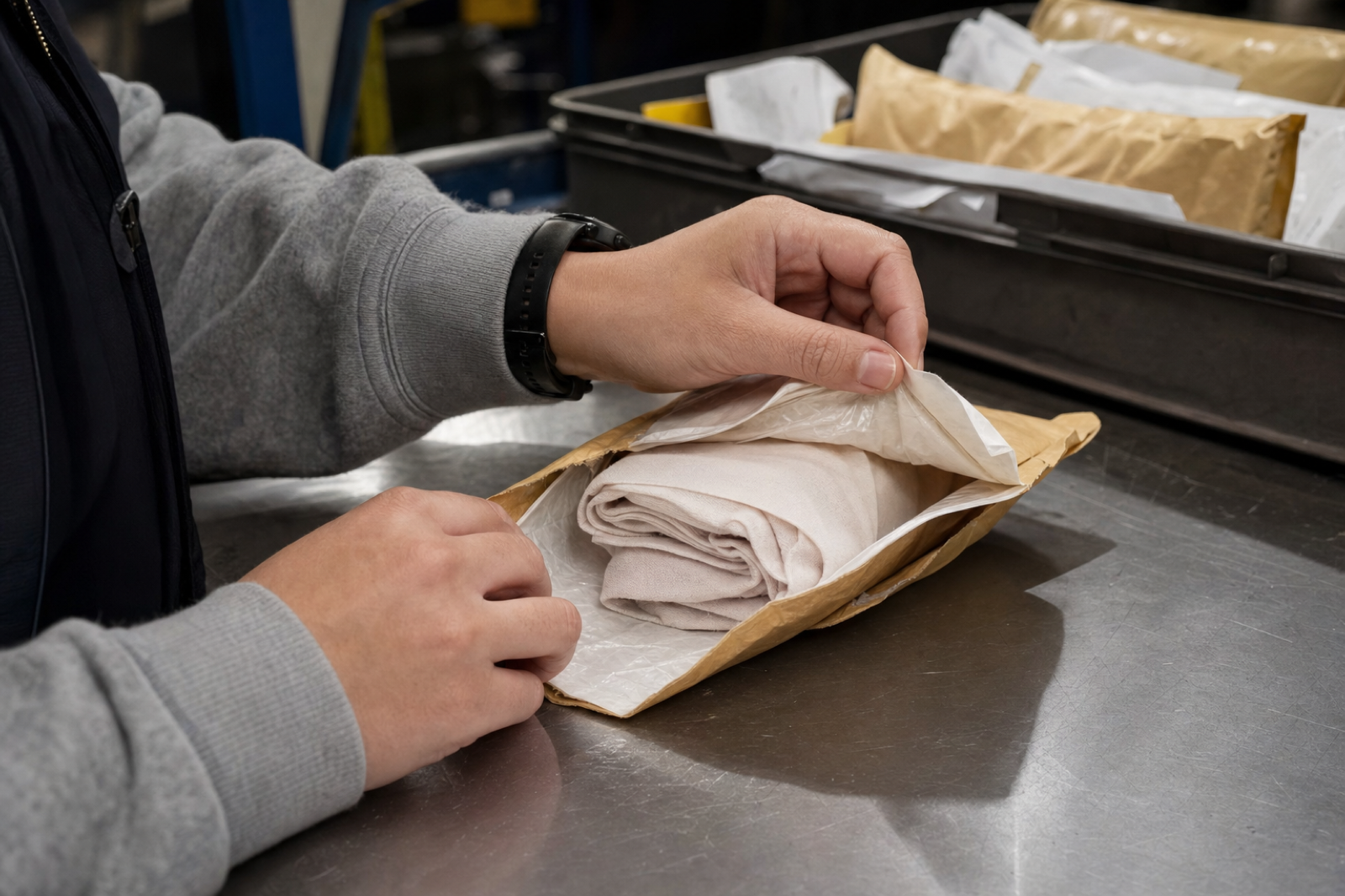 Hands separate the open lining of a padded mail packet on a steel bench, with folded fabric inside and a tray of small packets behind.