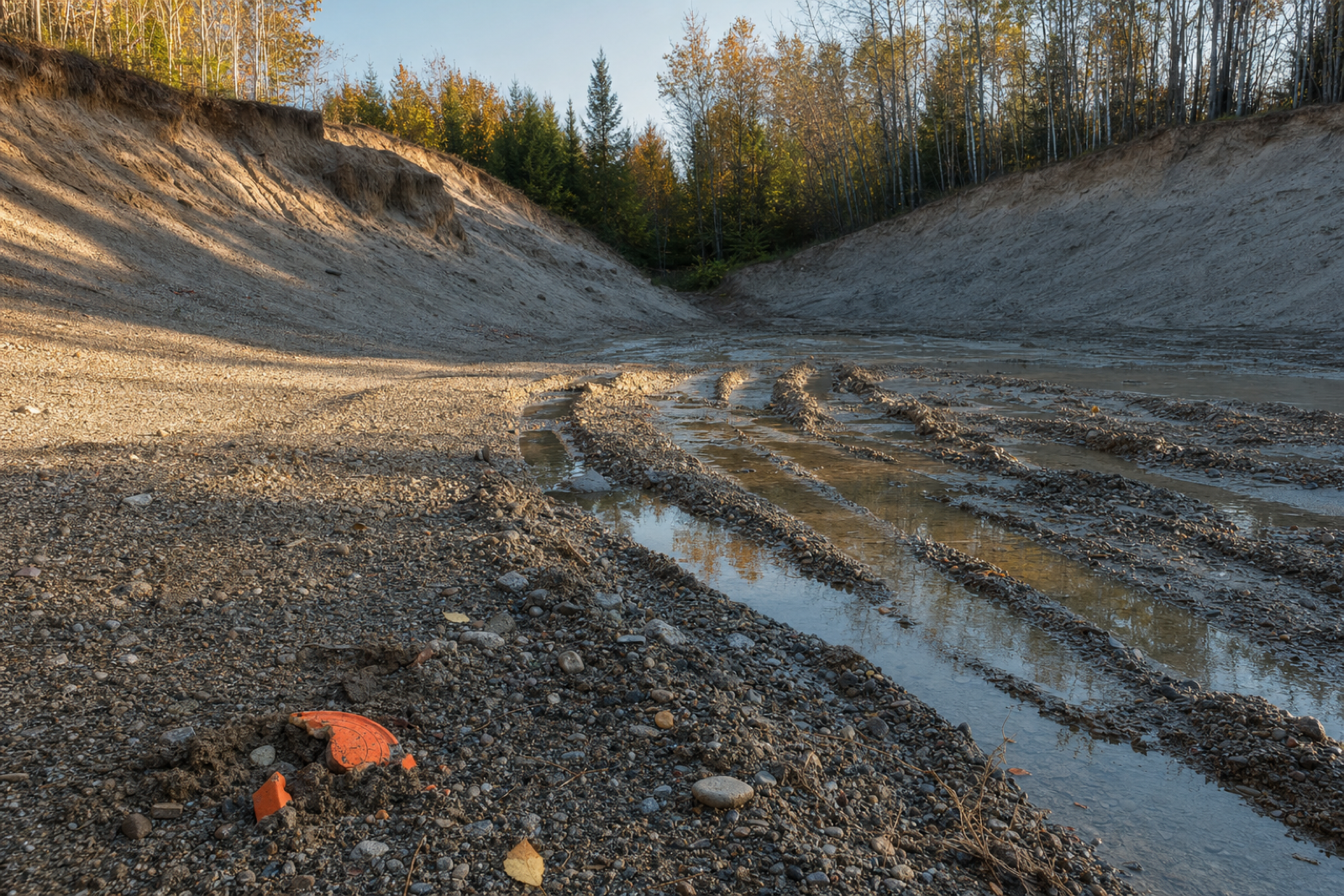 Water-filled vehicle ruts cross an empty gravel pit beneath sand banks and mixed trees, with a small orange clay fragment nearby.