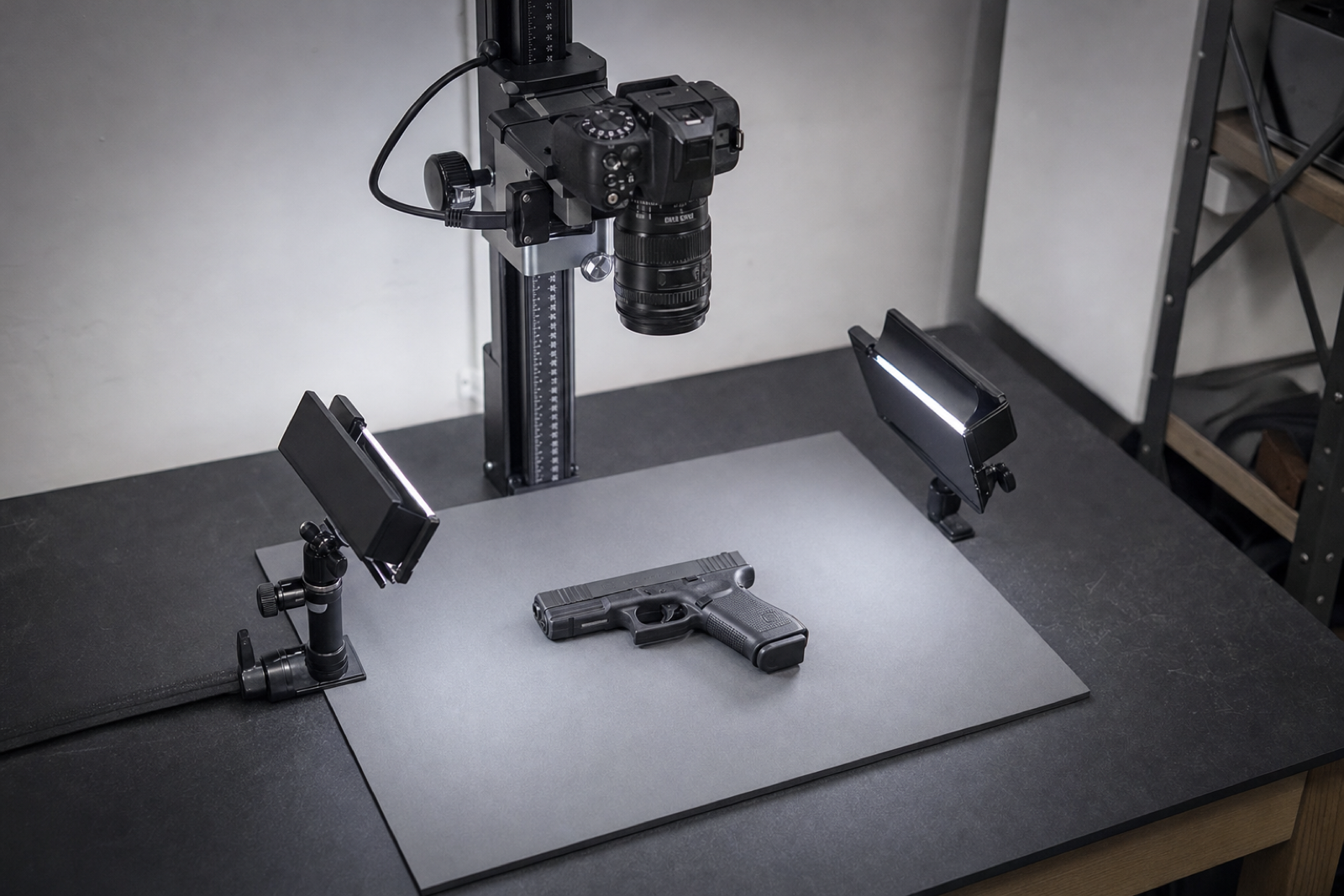 A camera on a copy stand points toward a pistol lying on a grey mat between two small lights.