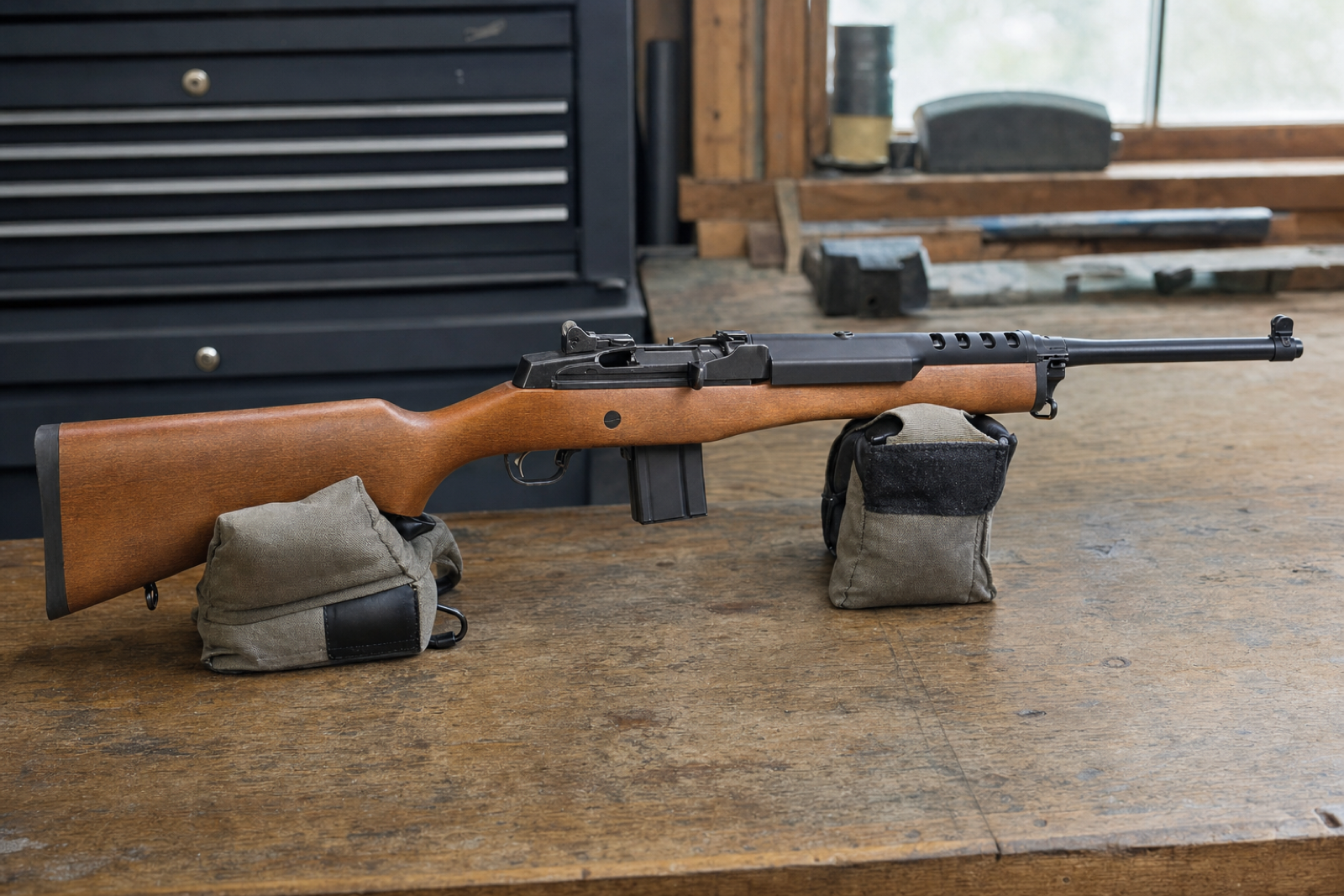 A wood-stock Ruger Mini-14 Ranch rifle rests sideways on two padded supports, with its receiver, handguard, barrel, and sights visible.