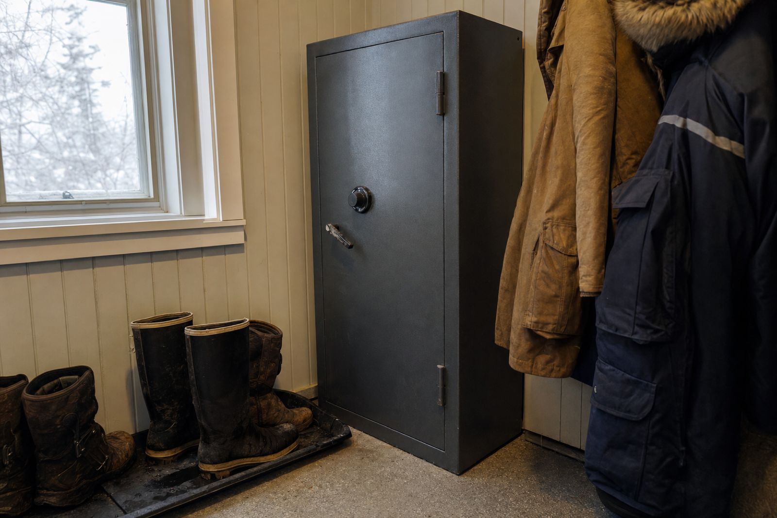 A closed grey steel safe stands beside hanging winter coats and boots on a tray, lit by a small window.