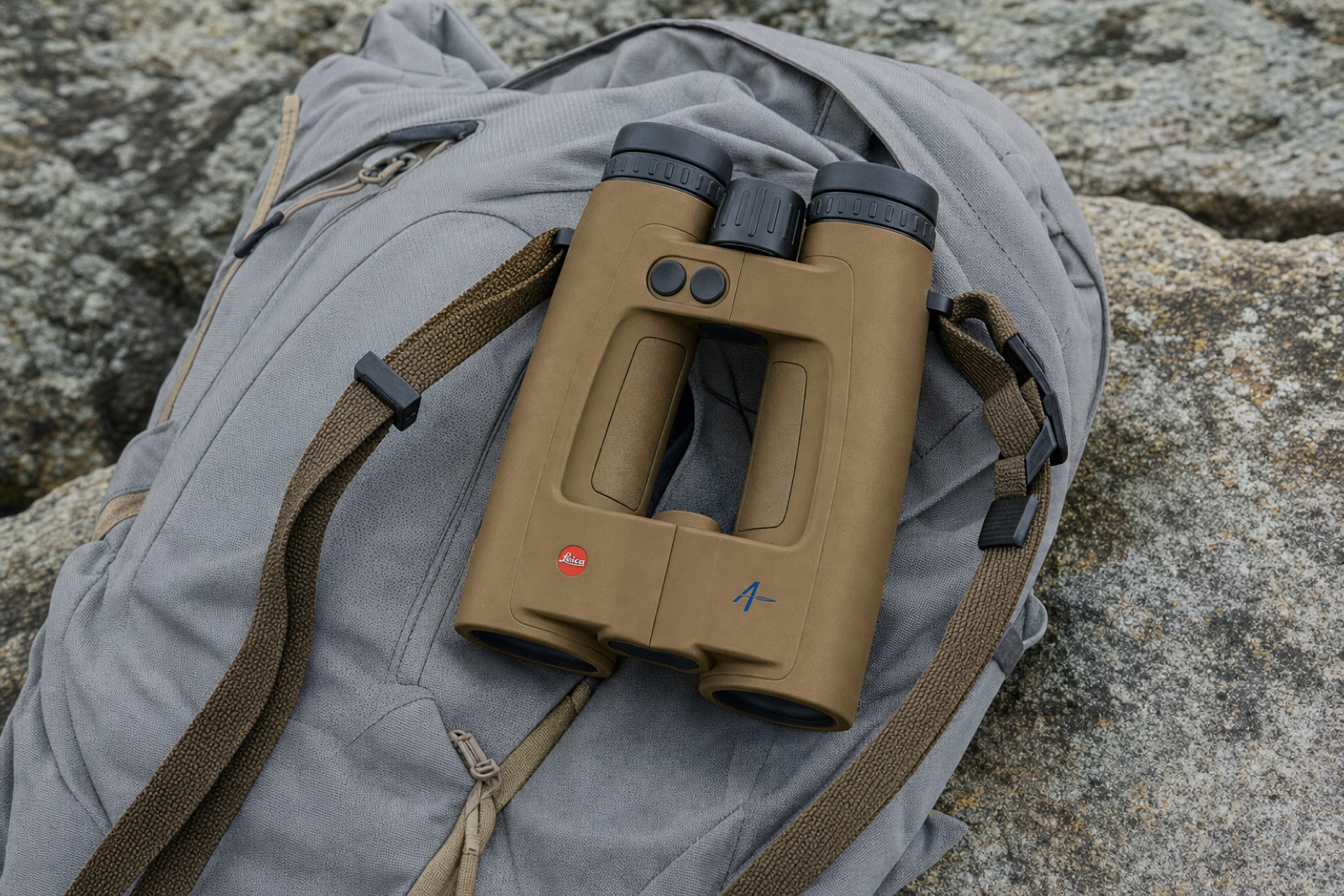 FDE Leica Geovid Max binocular resting on a pale field pack, with black eyecups, focus wheel and open bridge visible.