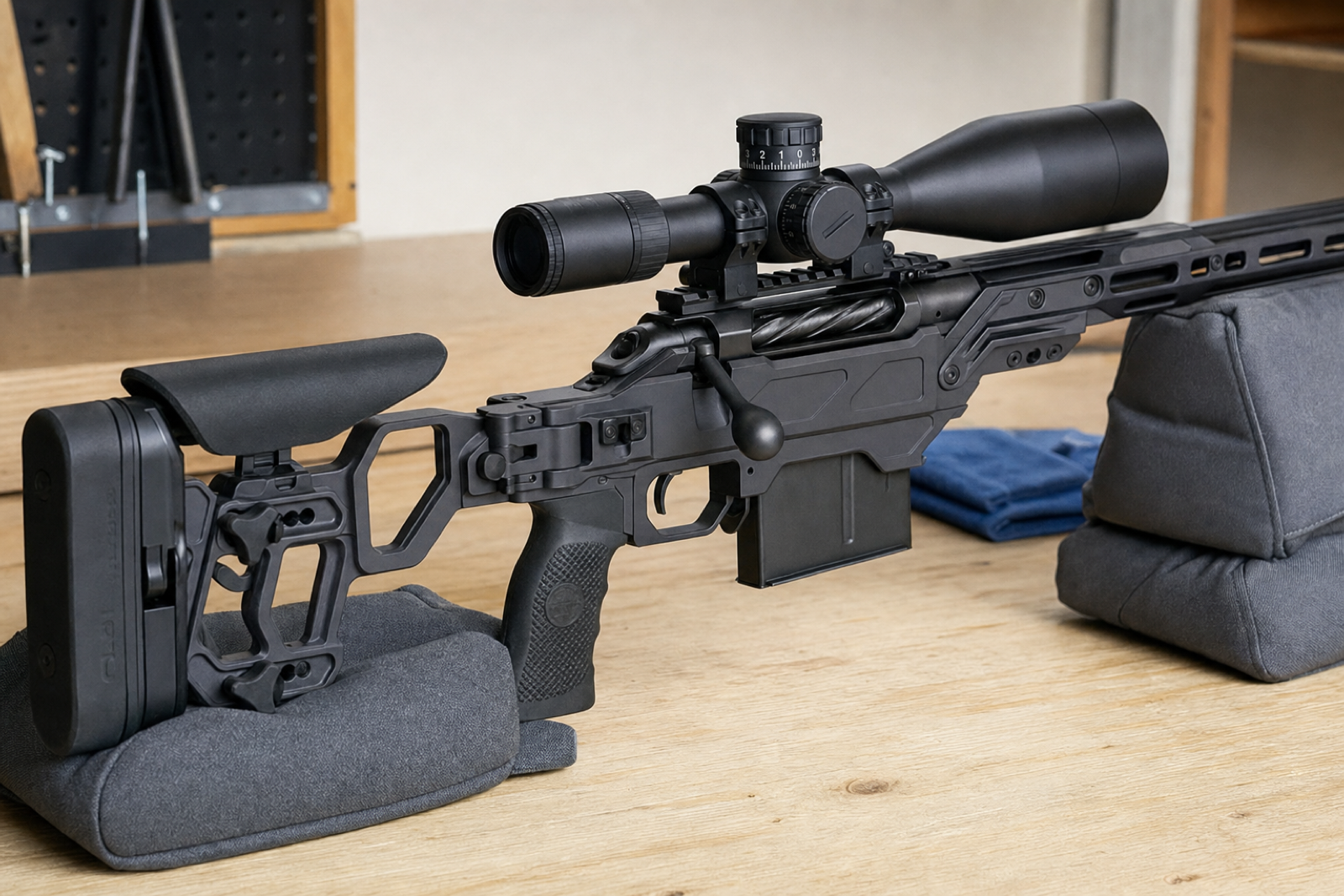 A modern bolt-action chassis rifle supported on a wooden work surface, with the receiver and stock junction visible.