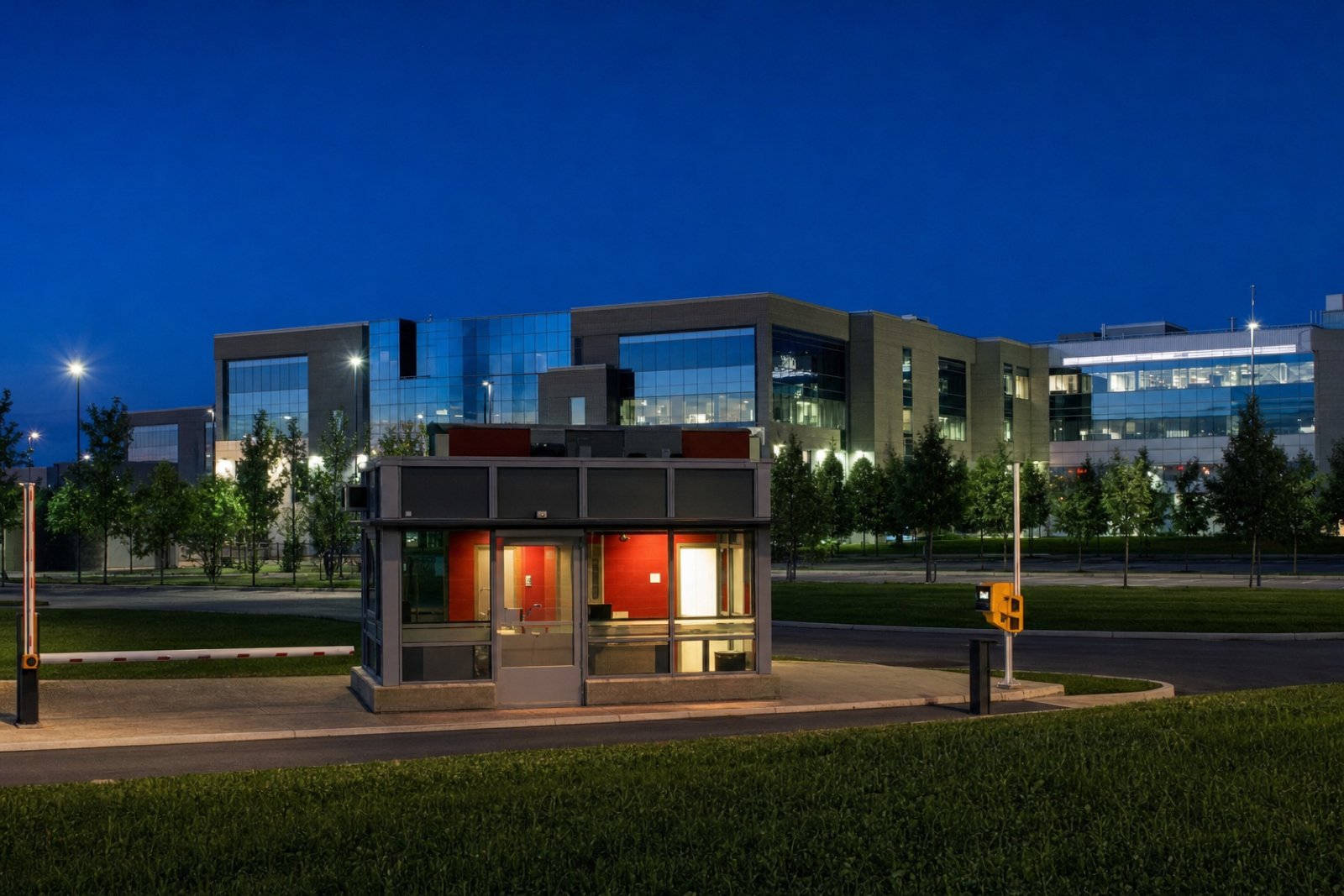 A red-accented gatehouse stands before the broad RCMP headquarters office complex at blue hour.