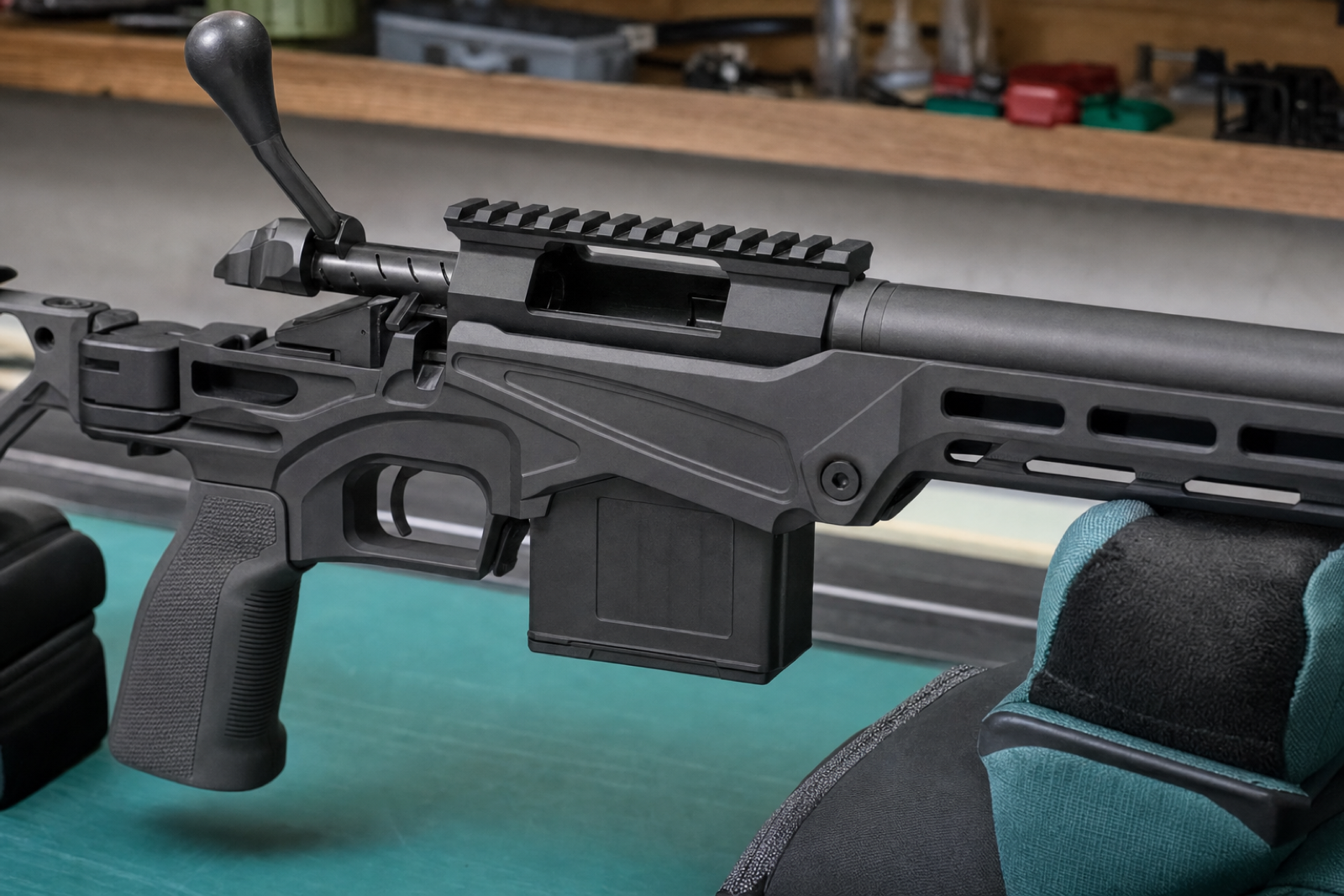 Close side view of an open bolt-action receiver and barrel junction above an unbranded modern rifle chassis on bench supports.