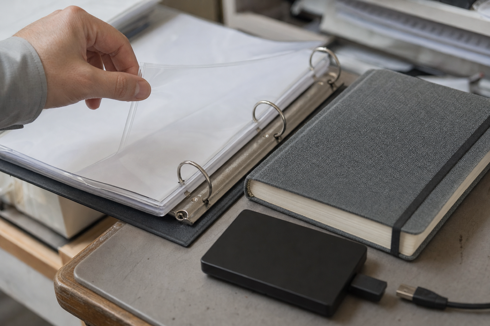 A hand lifts a transparent sleeve in an open ring binder beside a grey notebook and a black portable drive.