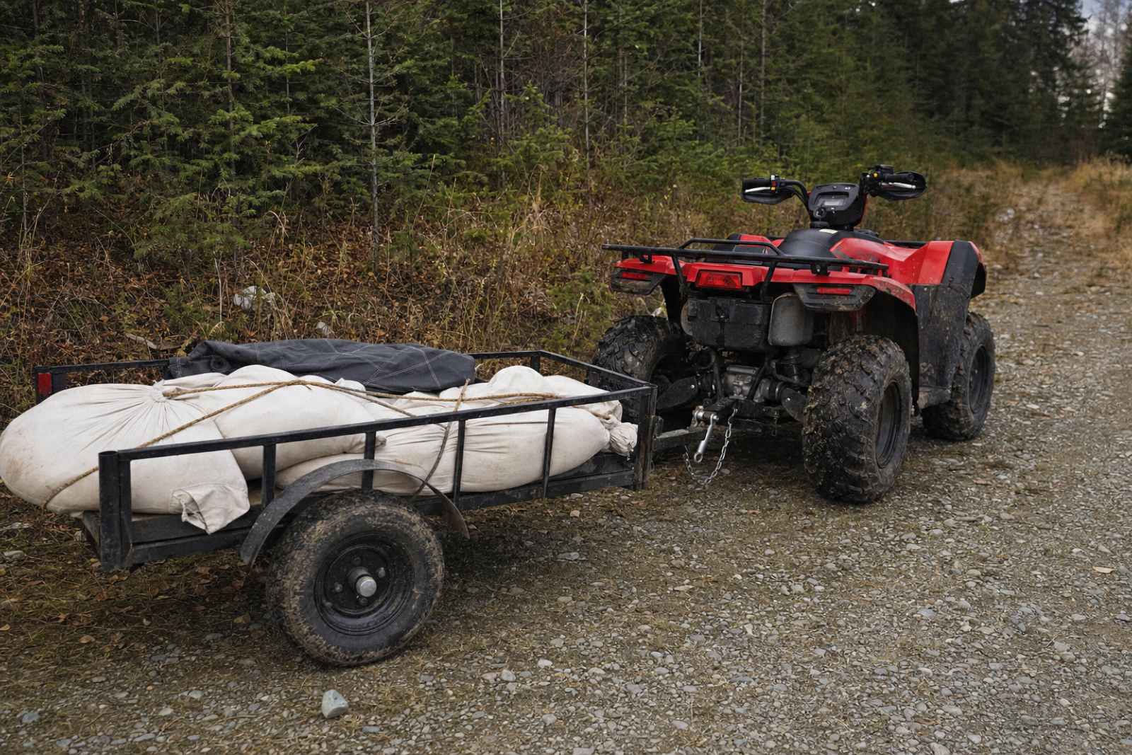 A parked red ATV is connected to a low cargo trailer holding tied cloth game bags beside a spruce-lined track.