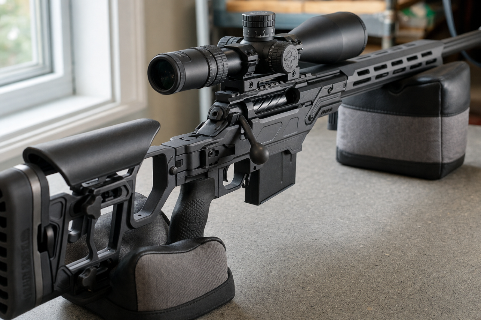 Close oblique view of a supported chassis rifle receiver, stock interface and fore-end.