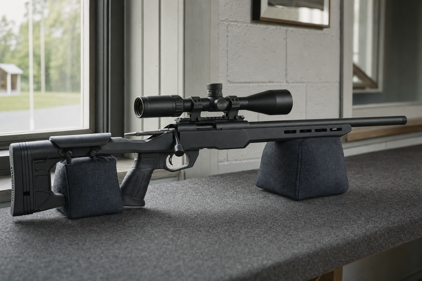 A compact scoped rimfire rifle rests on padded supports beside a clubhouse window.