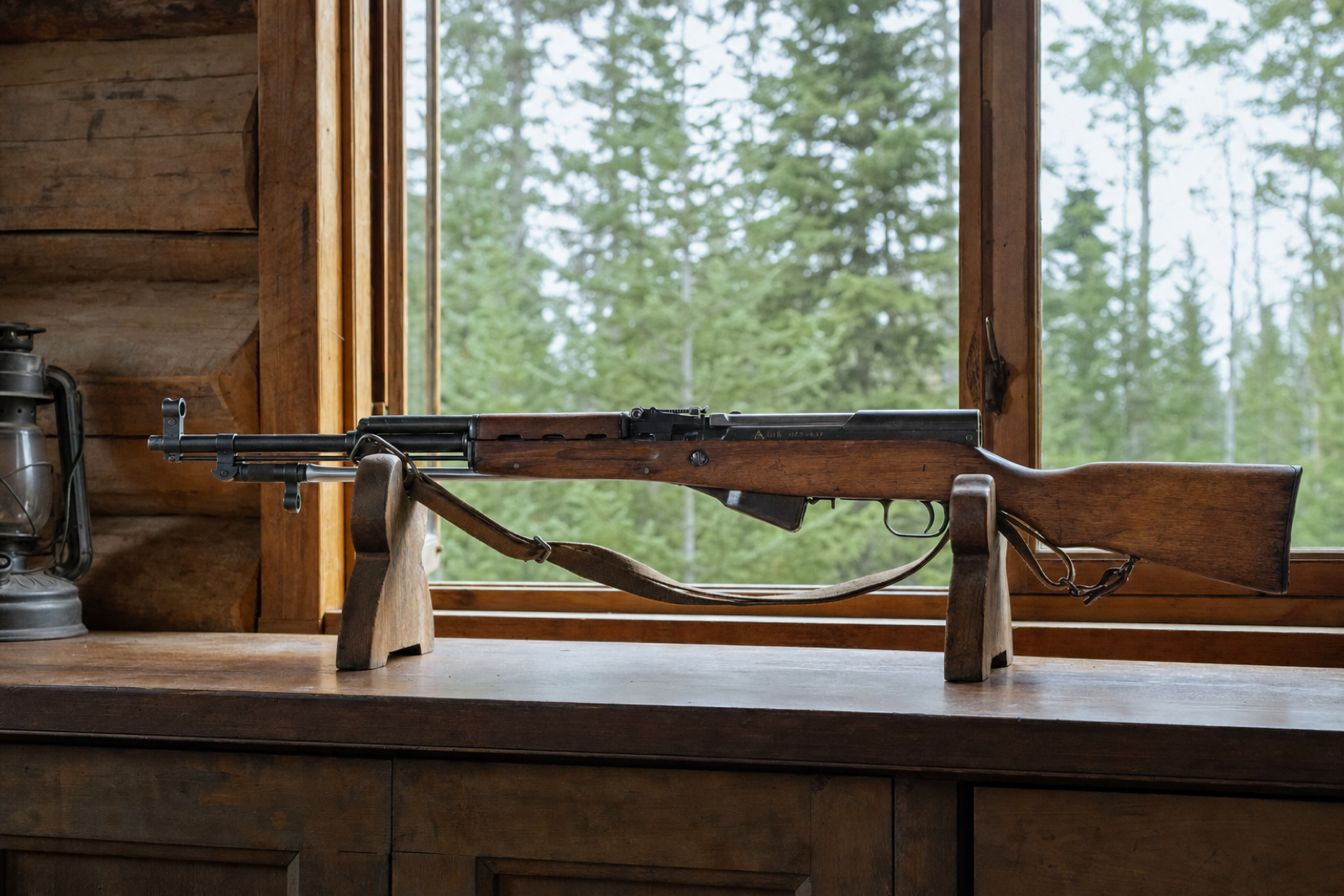 A whole wood-stock SKS lies horizontally on two visible timber supports beside a cabin window, with green conifers beyond.