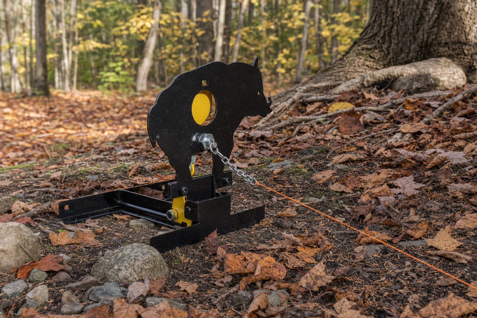 A black metal field target with a circular opening, yellow paddle, connected base, and reset cord on leaf-covered ground.