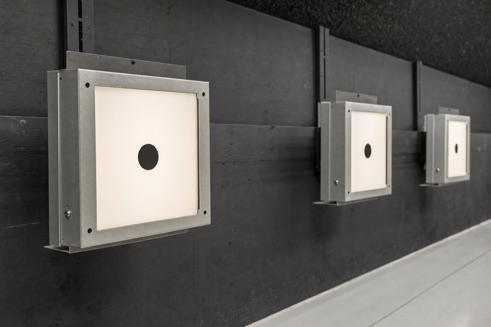Three square target housings with black circular aiming marks recede along the wall of an empty indoor range.