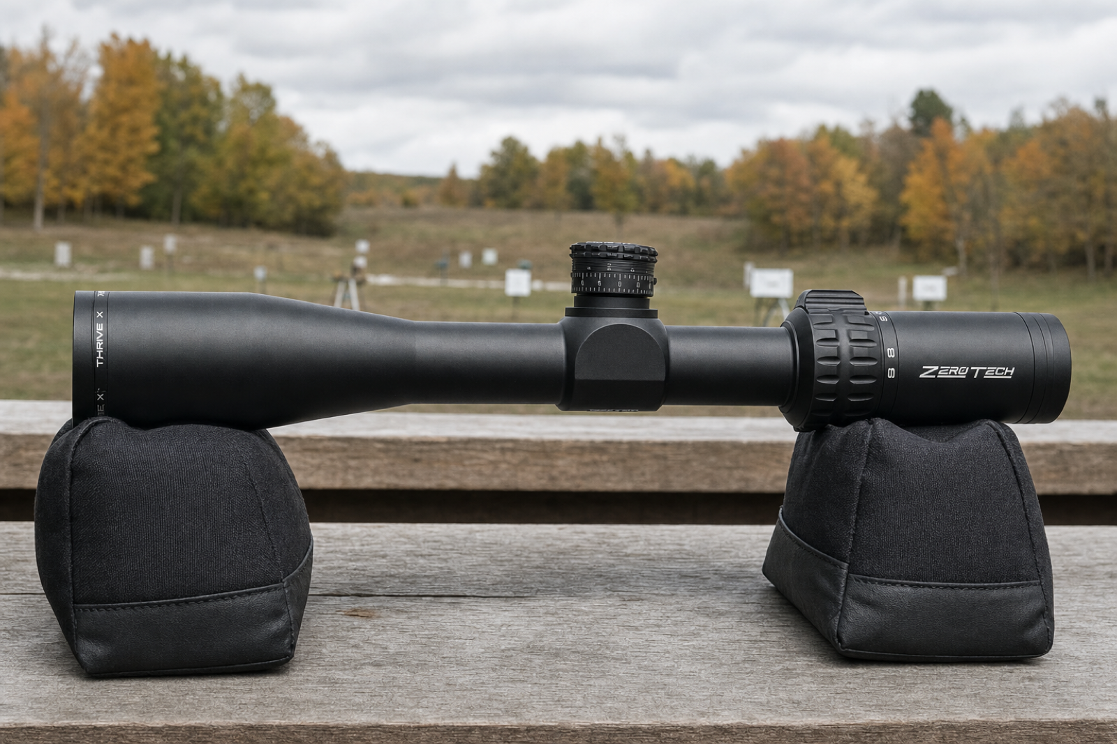 Opposite-side view of a black Thrive X scope on two padded supports, with the complete tube, turret and magnification ring visible.
