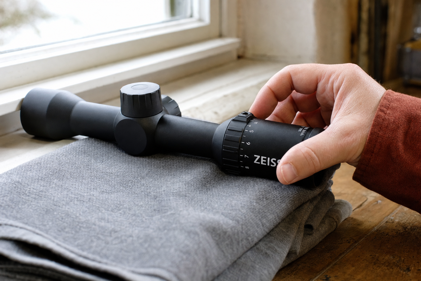 A hand adjusts the rear magnification ring of a black ZEISS V3 scope resting on grey cloth.