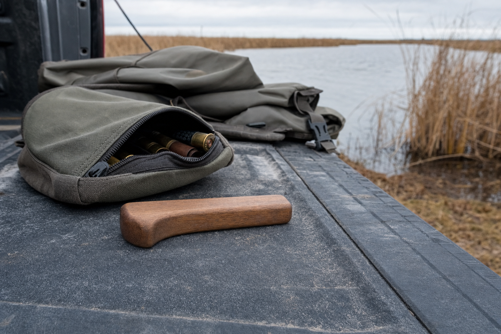 A wooden filler beside a shell pouch on a pickup tailgate, with folded waders, reeds and marsh water behind.