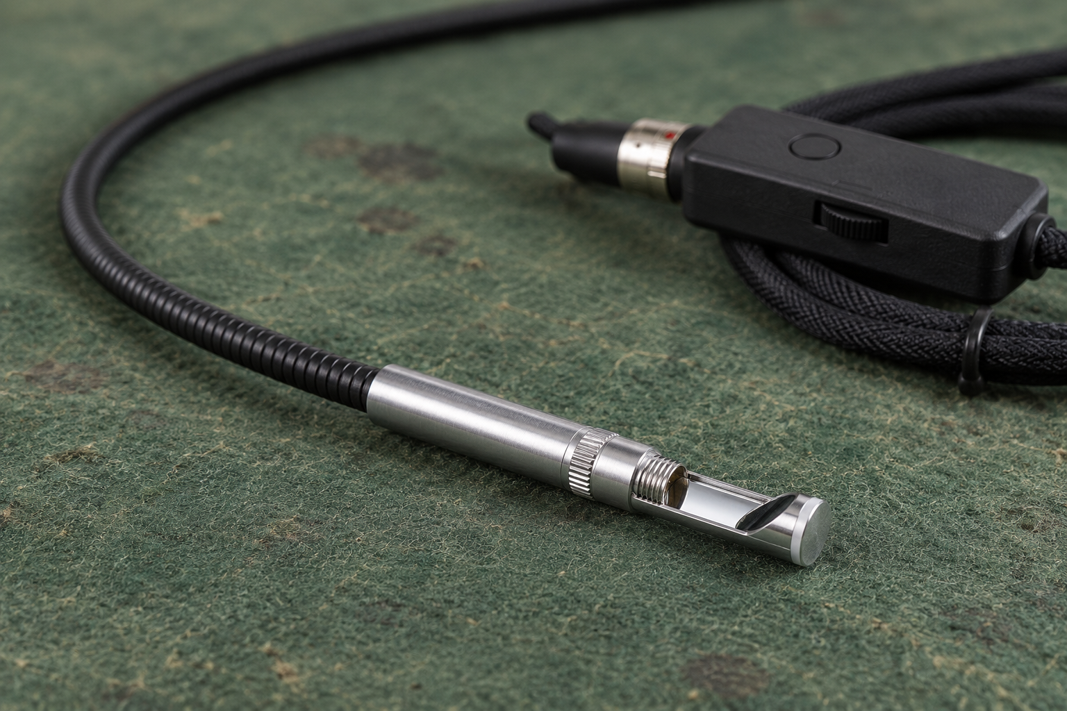A flexible borescope’s camera tip and side-view mirror lie on a green maintenance mat, with its controller behind.