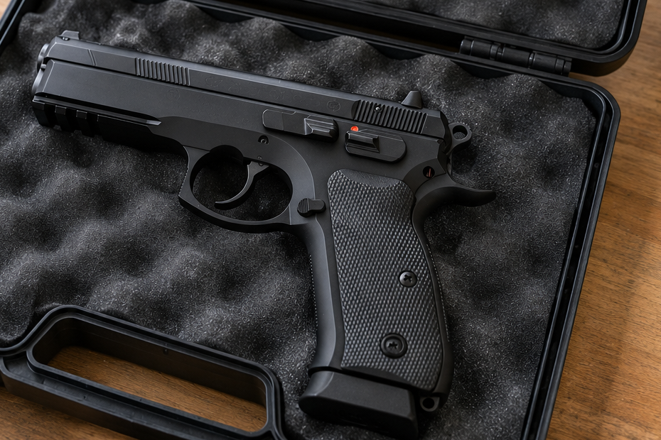 A hammer-fired handgun rests in the foam lining of an open case on a wooden table.