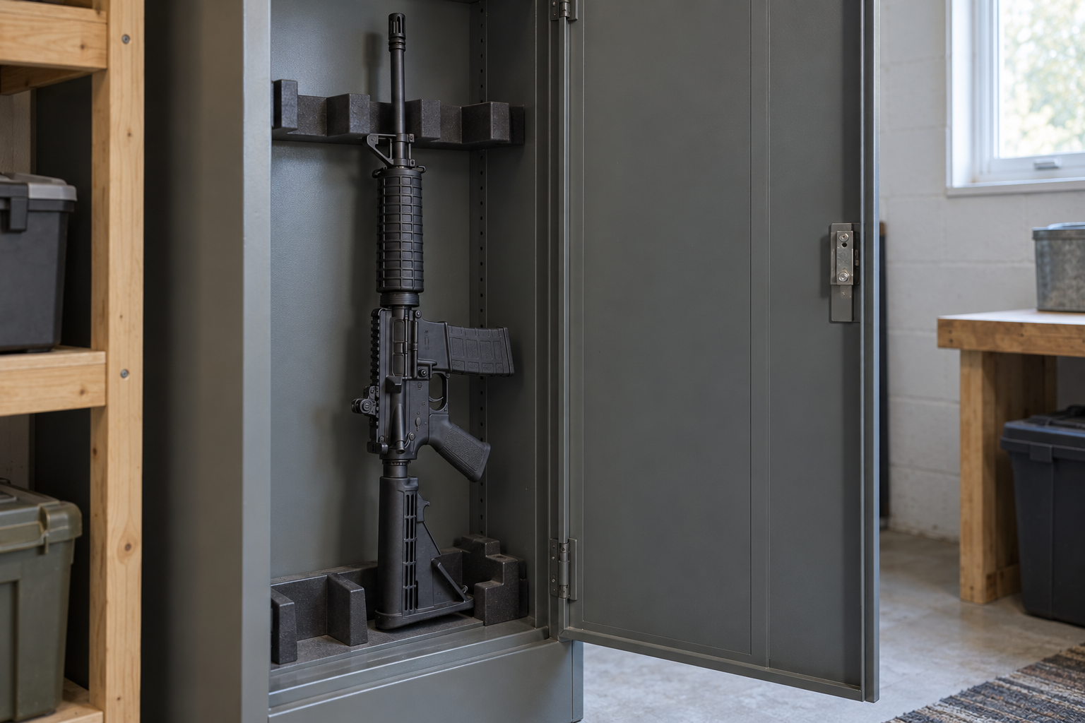 An AR-pattern rifle stands upright inside an open metal cabinet.
