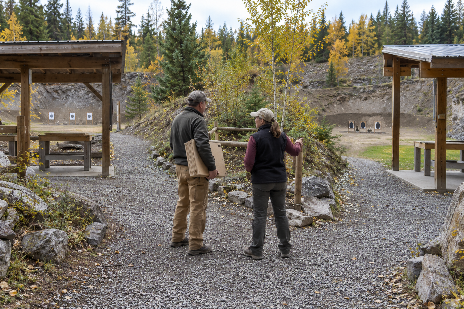 Two adults stand between covered shooting bays, one carrying cardboard target backers.