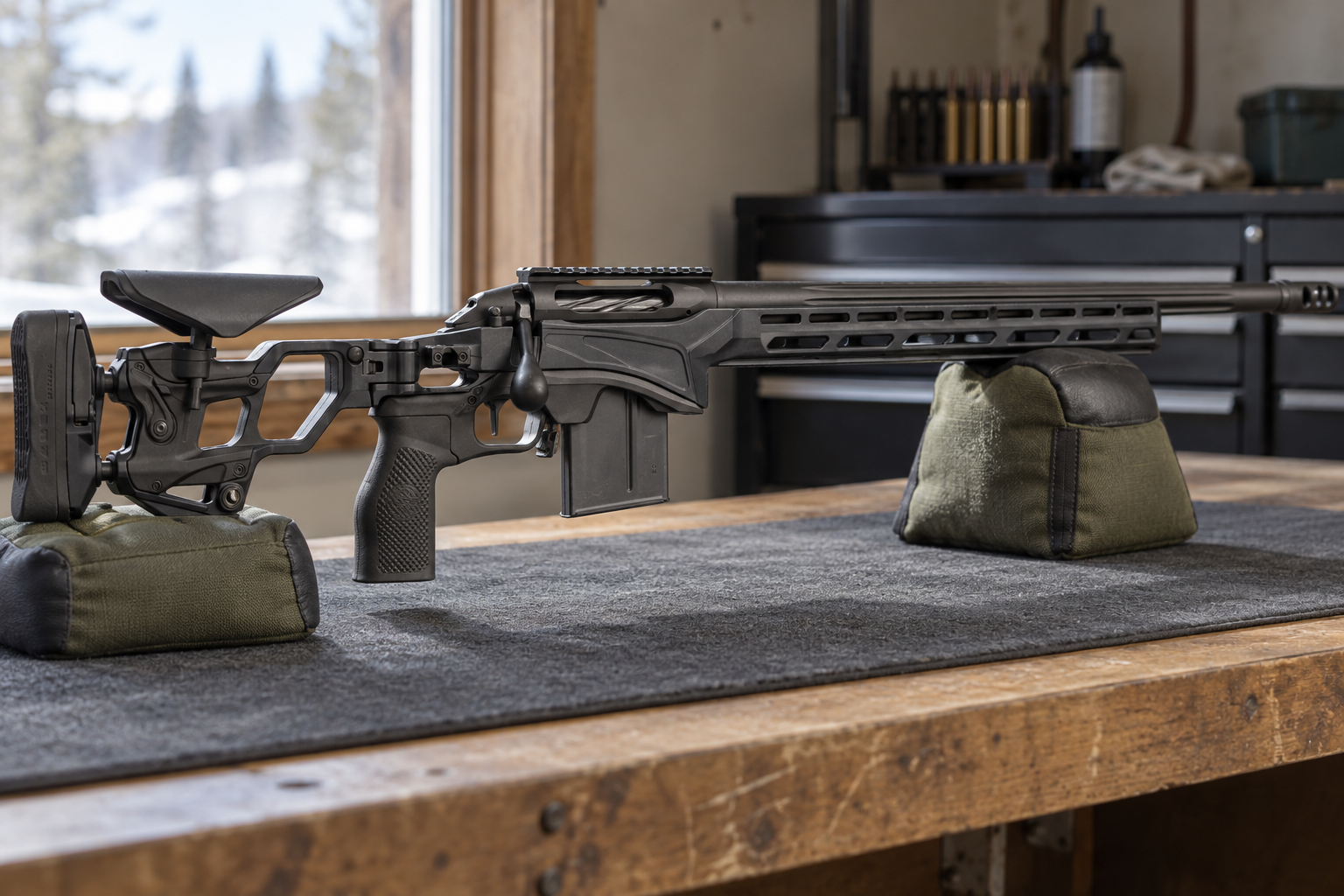 A chassis rifle with light surface scuffs rests on padded supports on a workbench.