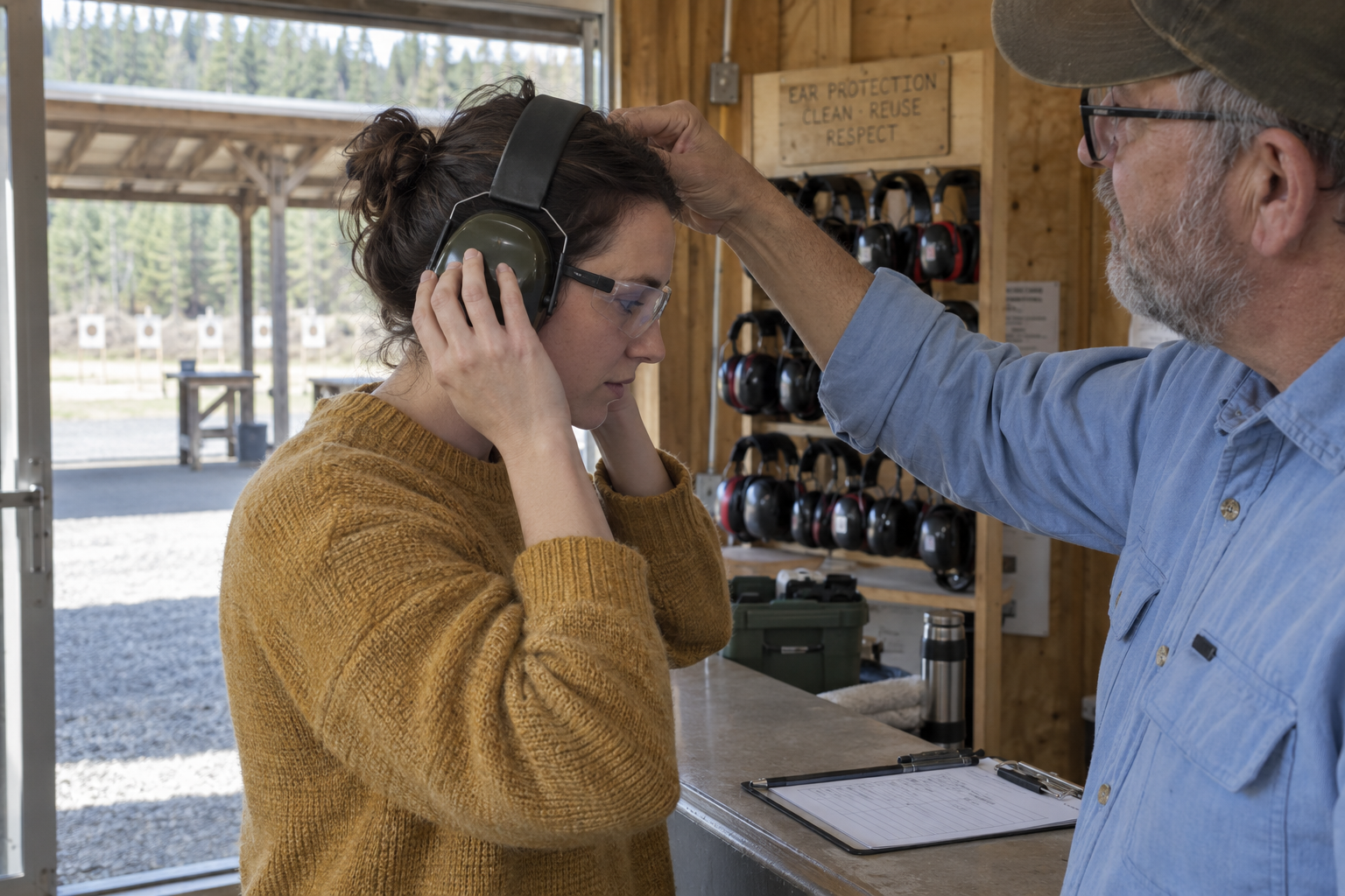 A woman adjusts hearing protection while a man checks the headband beside a rack of earmuffs.
