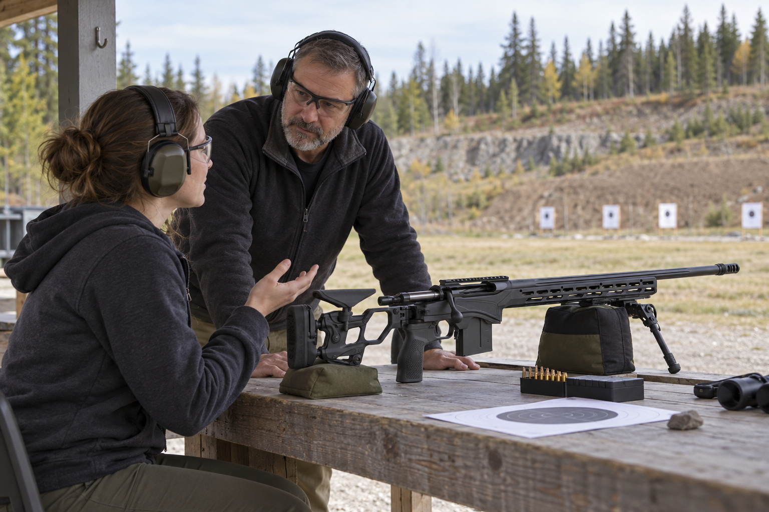Two adults wearing eye and hearing protection talk beside a rifle resting on bags at an outdoor range.