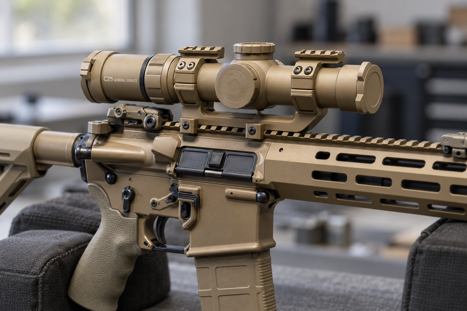 A tan rifle optic and dual-ring mount sit above a C25 receiver.