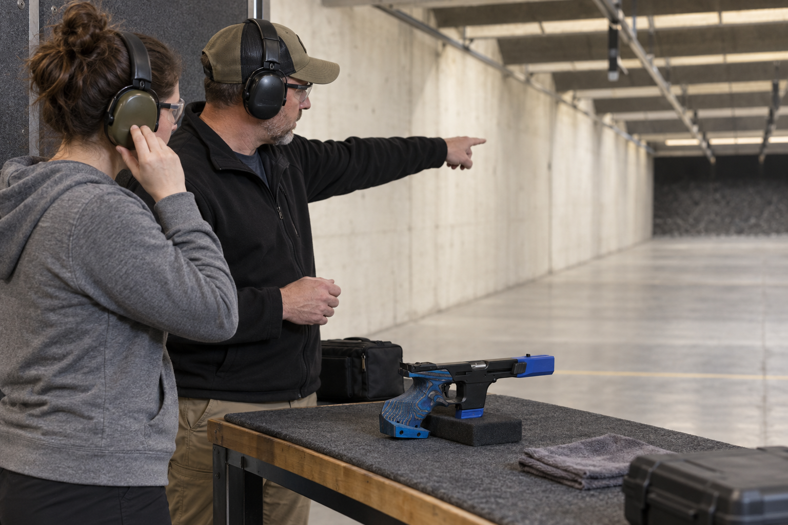 A learner adjusts hearing protection while a coach points down an indoor range lane; a target pistol rests untouched on the bench.