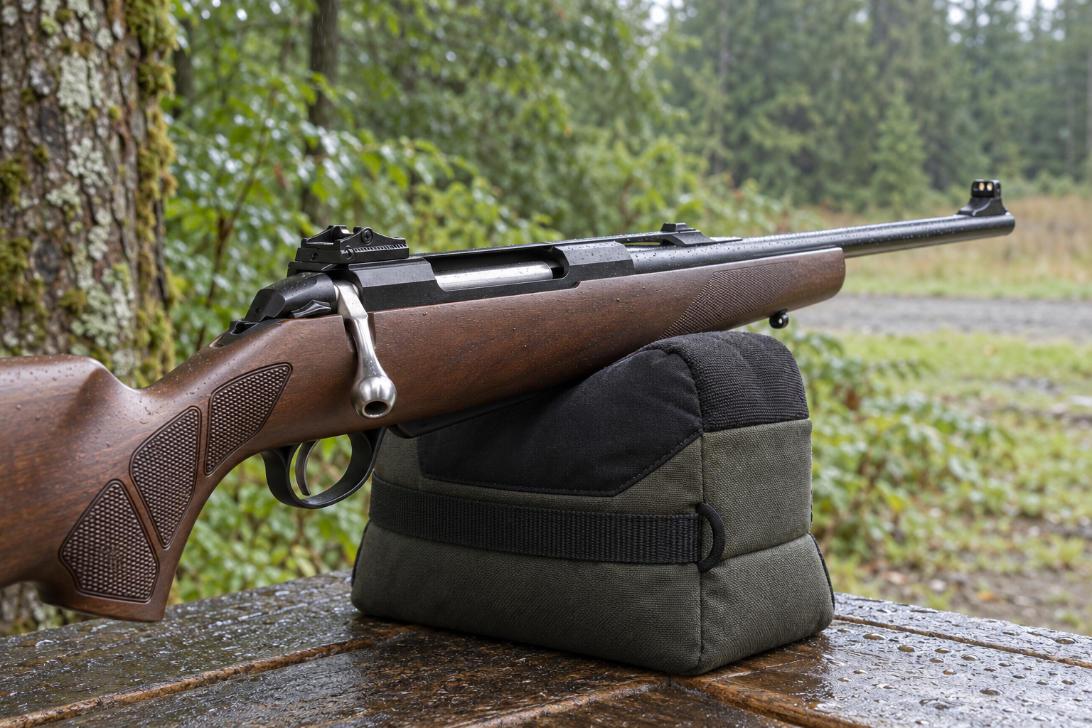 An unscoped bolt-action hunting rifle rests on a padded support outdoors, with its open sights visible along the barrel.