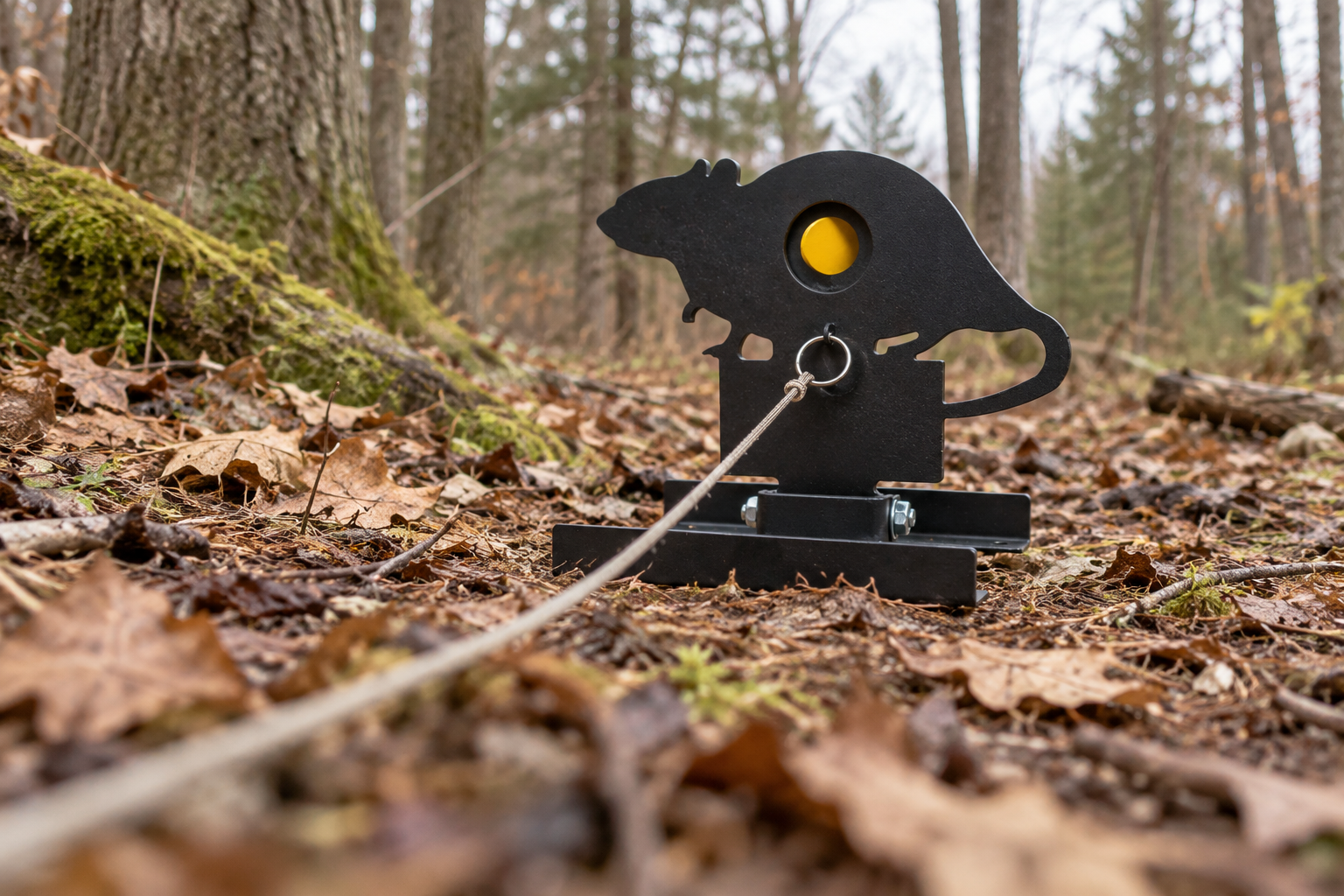 A rat-shaped knockdown target with a yellow paddle and attached reset cord stands on a wooded range.