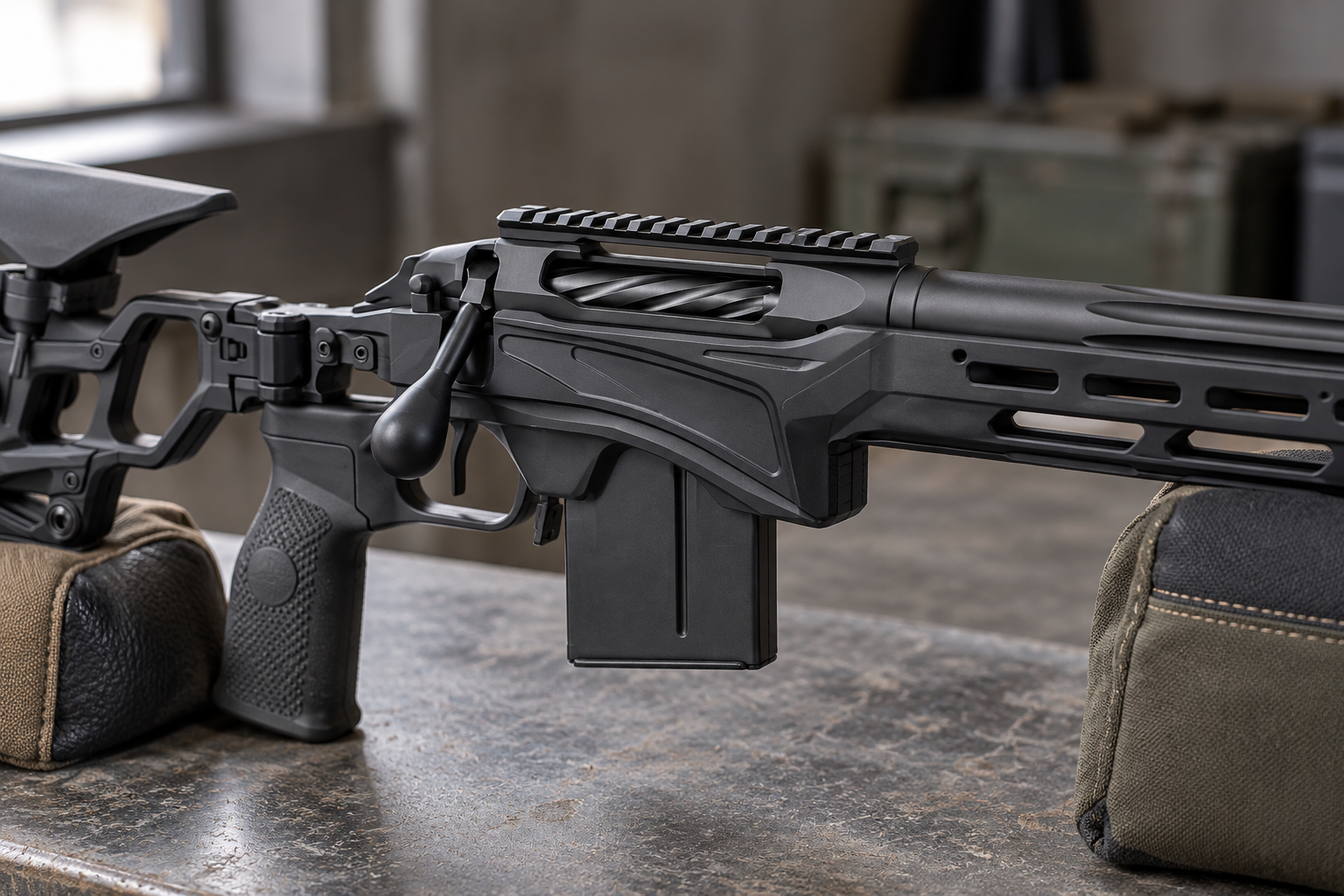 A bare mounting rail sits above the receiver of a supported bolt-action rifle, with no scope or rings fitted.
