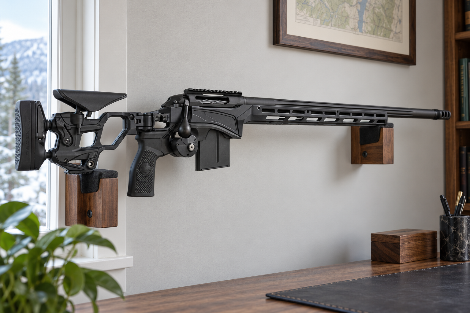 A chassis rifle with a visible trigger lock rests on two padded wall supports in a room.