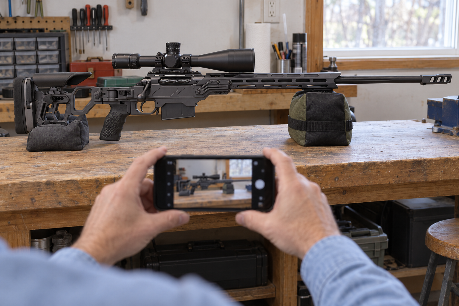 A person photographs a scoped rifle on a workbench with a smartphone.