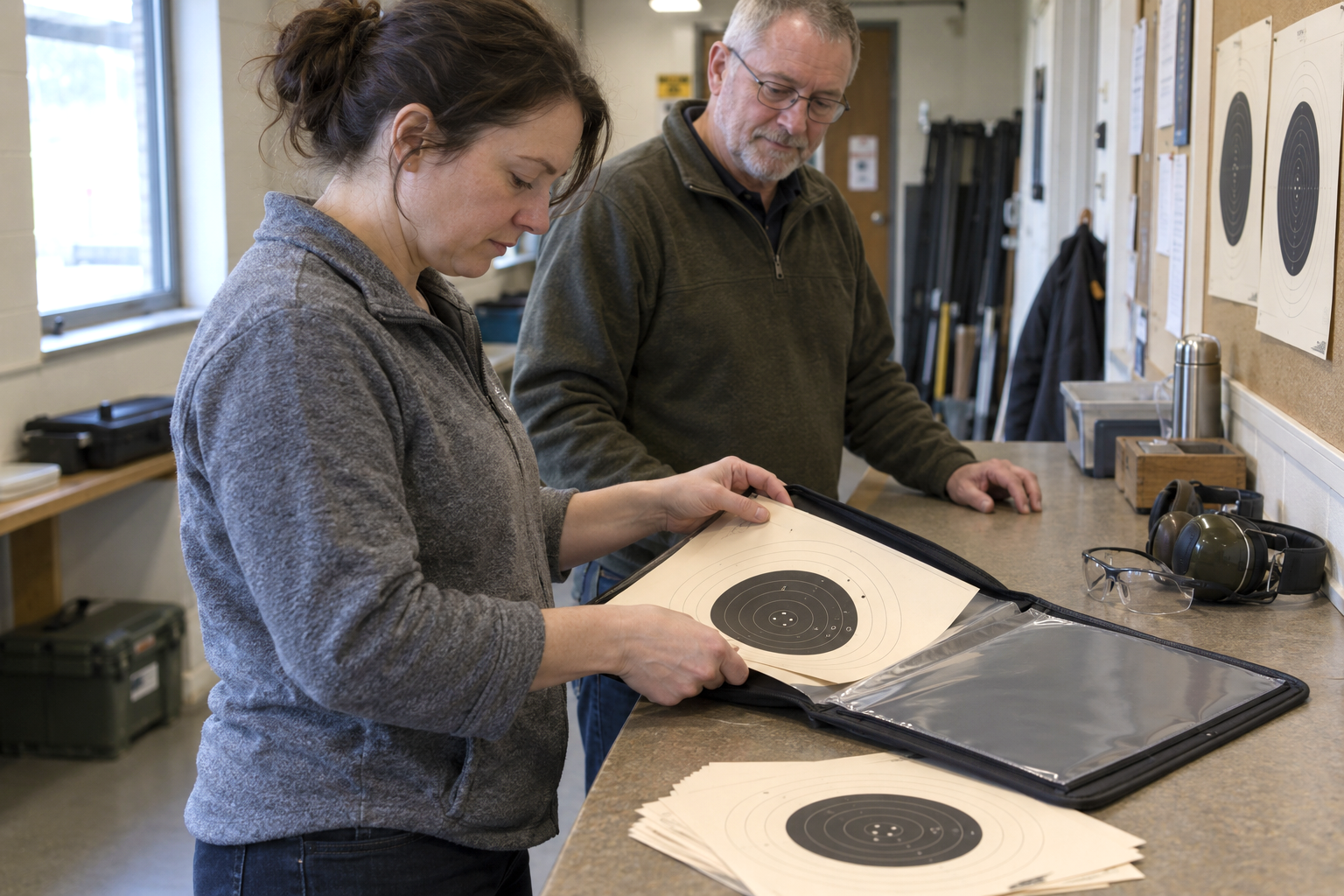 A woman places a paper target in a portfolio while a man watches beside a club counter.