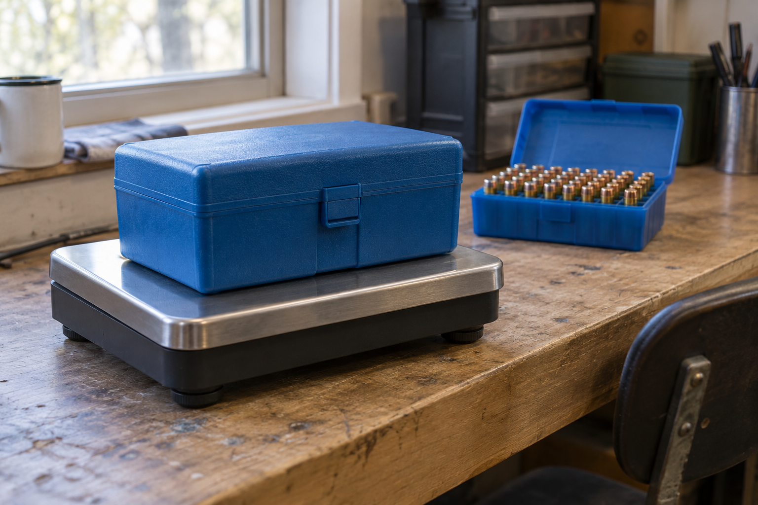 A closed blue cartridge box sits on a platform scale, with an open cartridge box behind it.