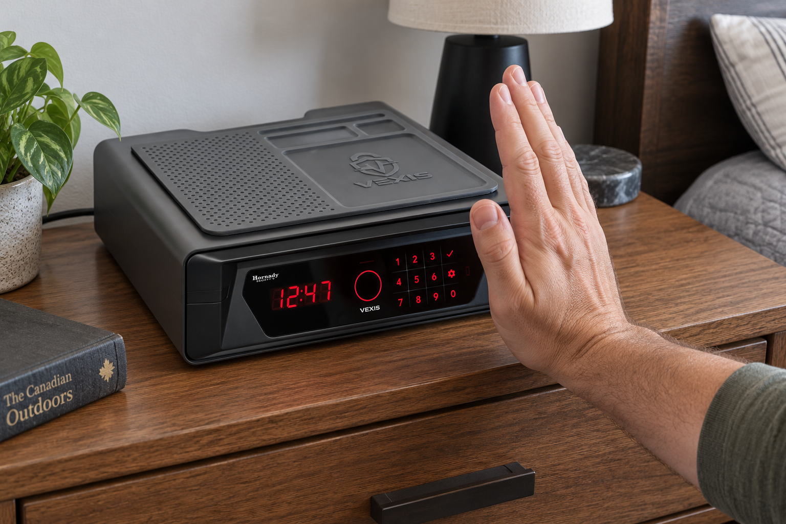 An open hand faces the front panel of a closed Hornady VEXIS Night Guard safe on a bedside table.