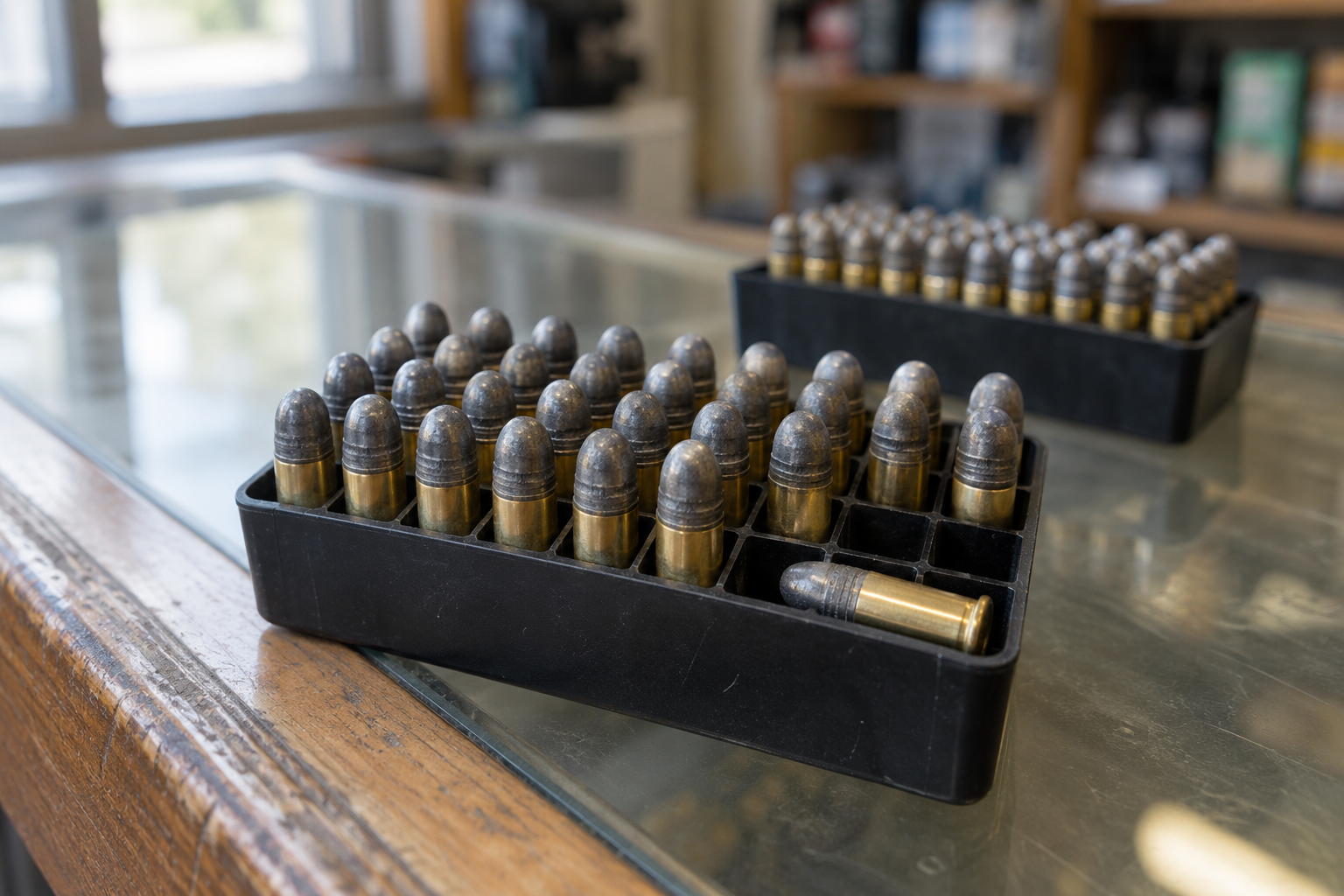 Two trays of rimfire cartridges sit on a shop counter, with one cartridge lying sideways in the front tray.