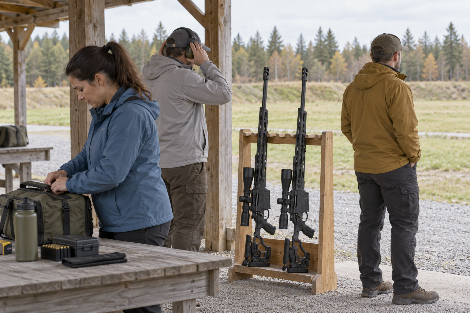 Three adults prepare at a shooting range beside two rifles standing in a wooden rack.