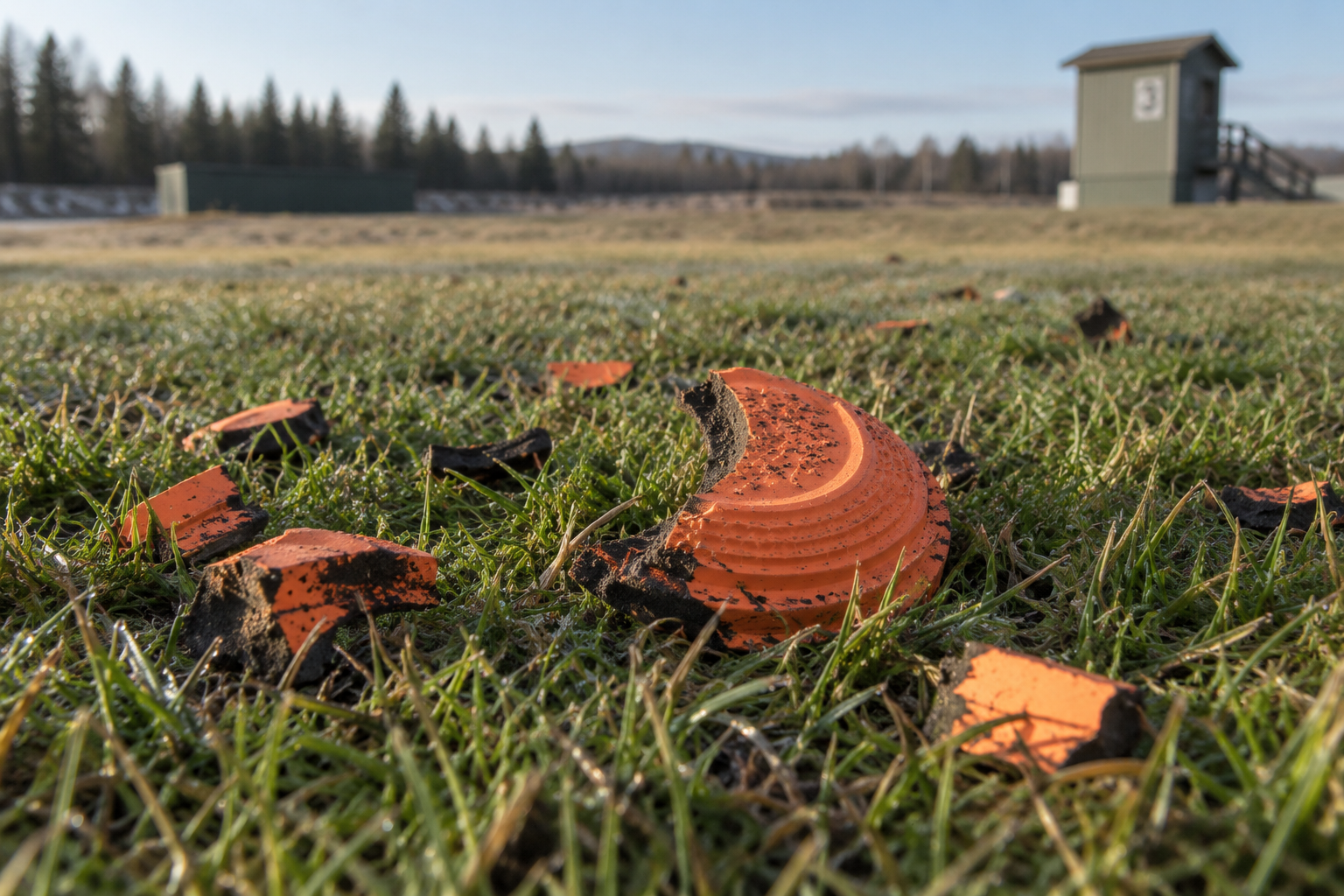 Broken orange clay-target fragments lie in dew-covered grass at a shooting range.