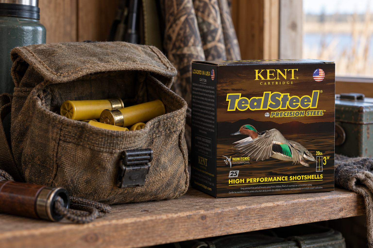 Yellow shotgun shells sit in an open pouch beside a Kent TealSteel ammunition box.