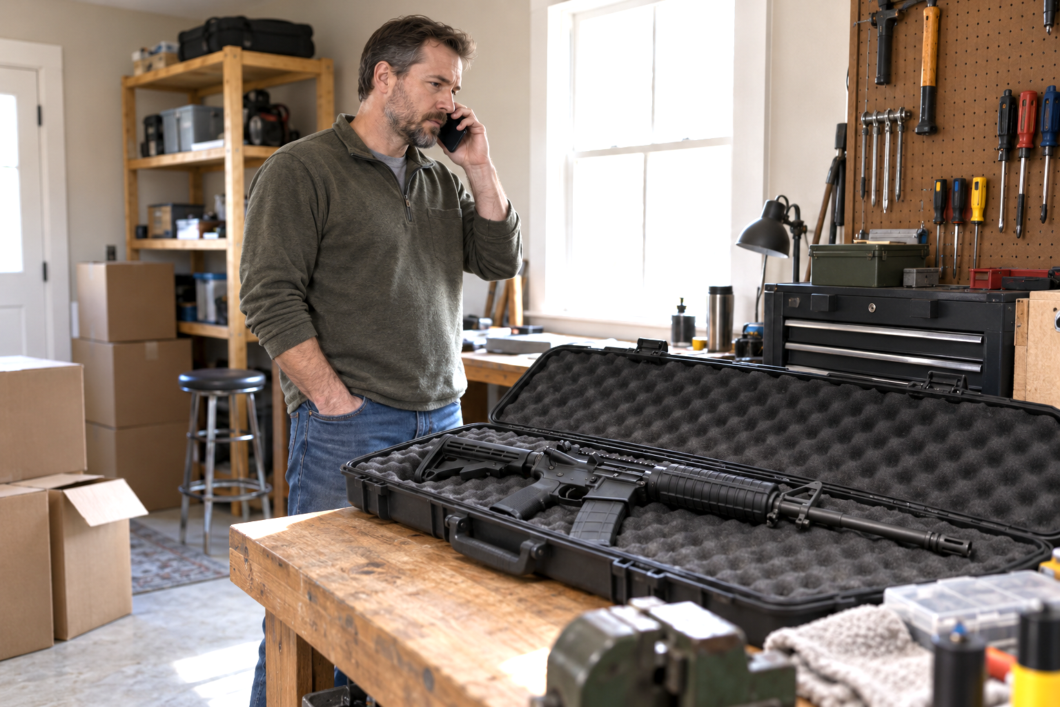 A man talks on the phone beside an open rifle case on a workbench.