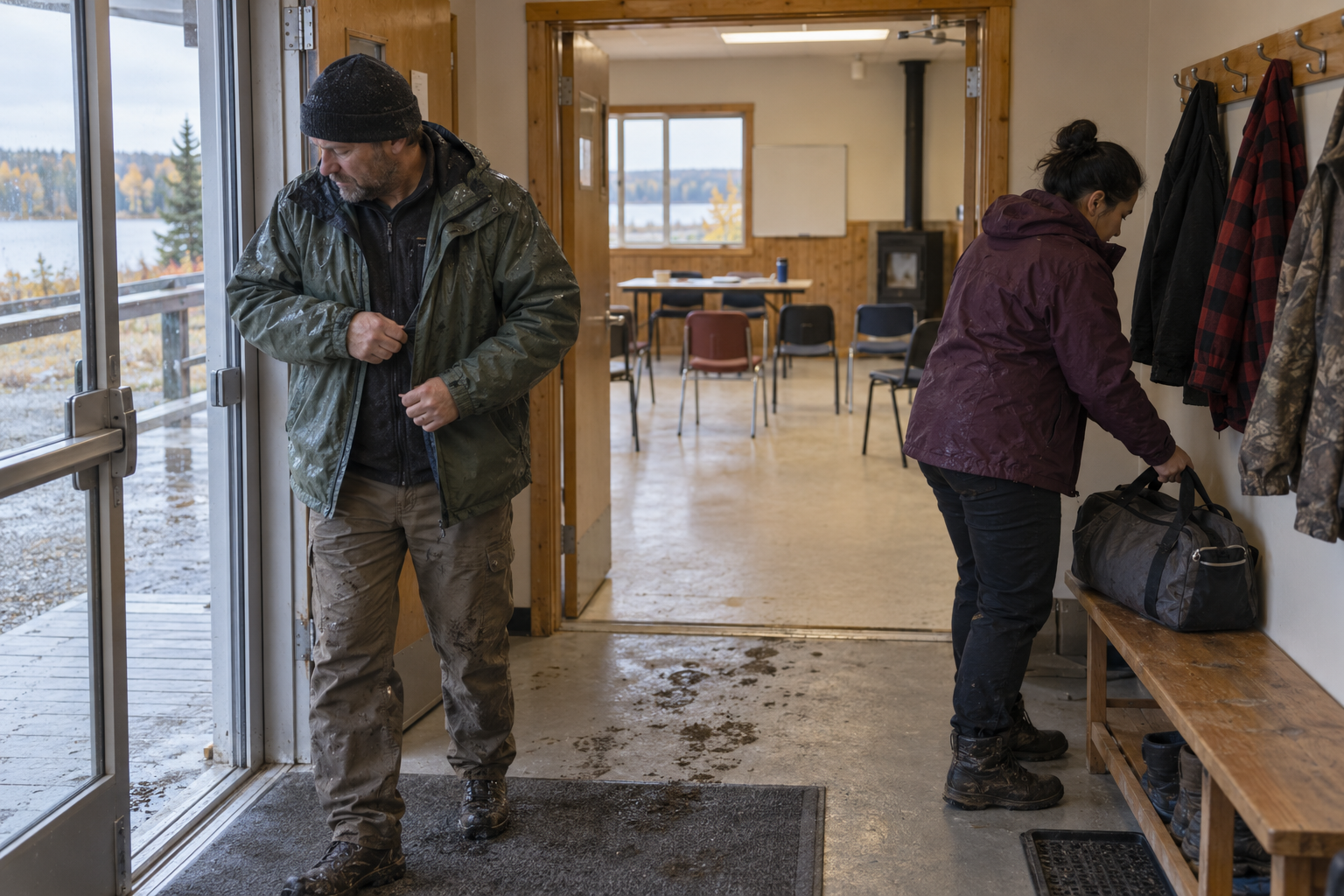 Two adults put away outdoor clothing and a bag in a community-hall entrance.