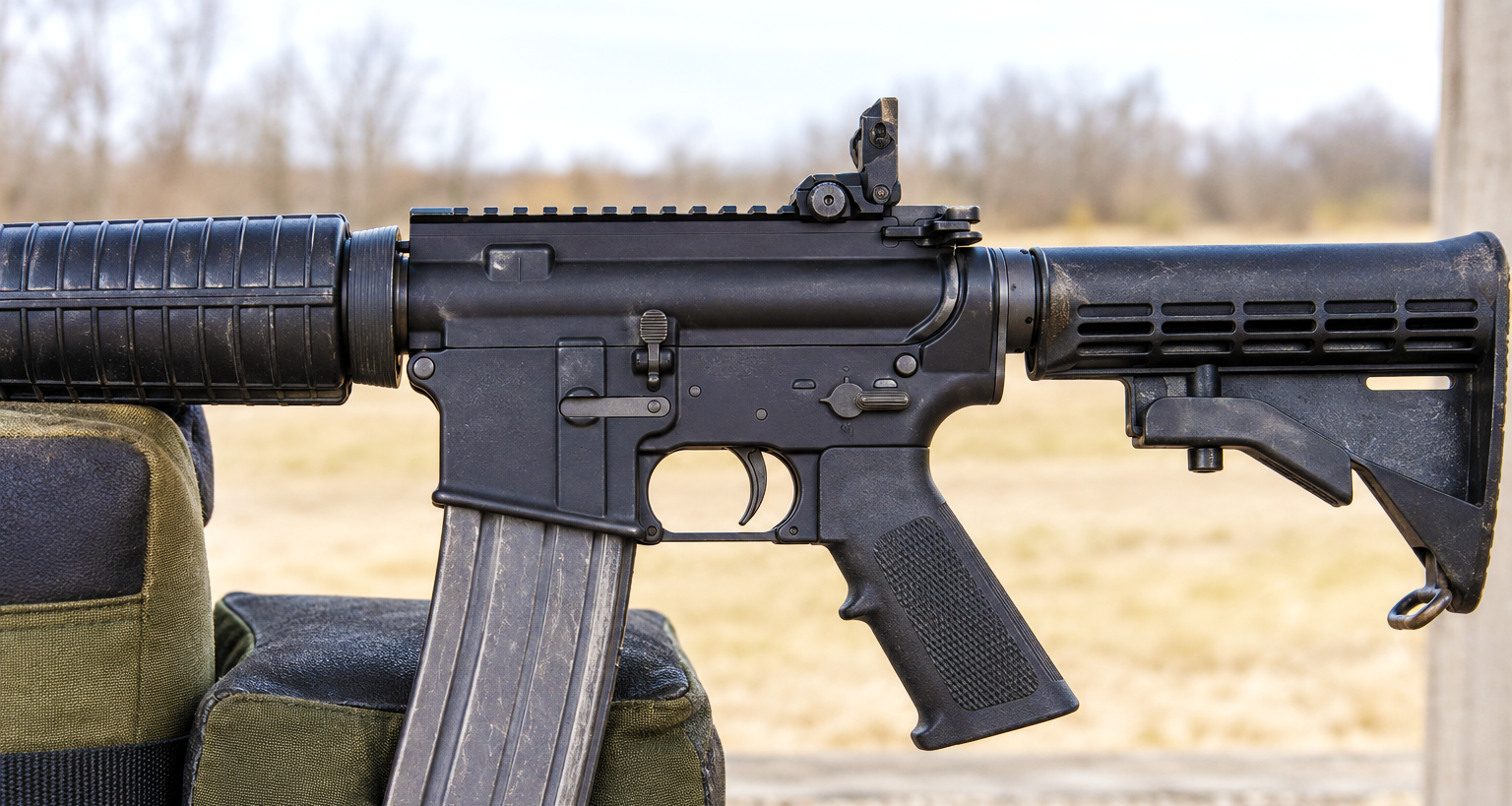 Close view of an AR-pattern rifle receiver, grip and adjustable stock resting on support bags.