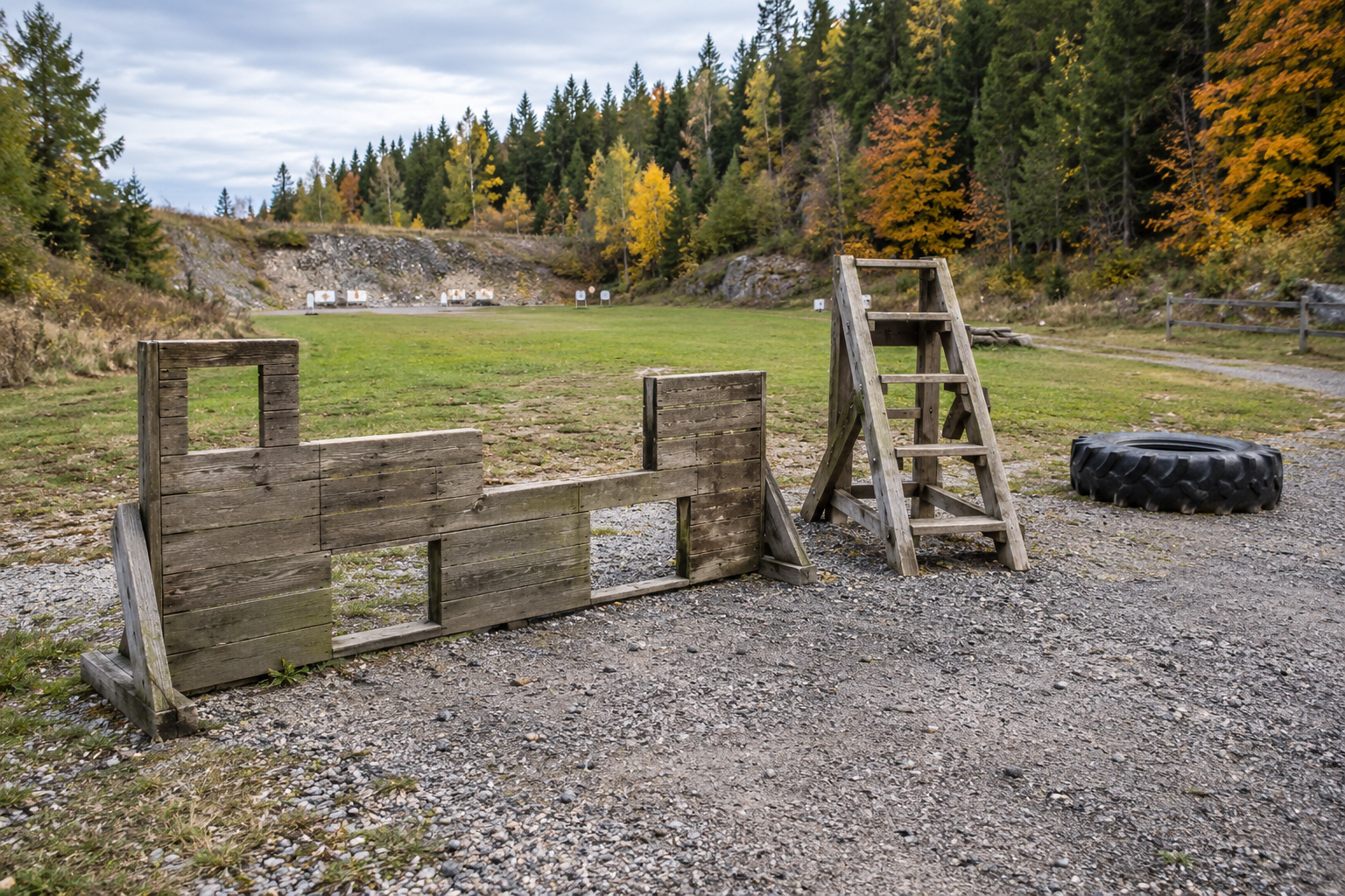 A wooden barricade, freestanding ladder and large tyre stand on an empty outdoor shooting range.