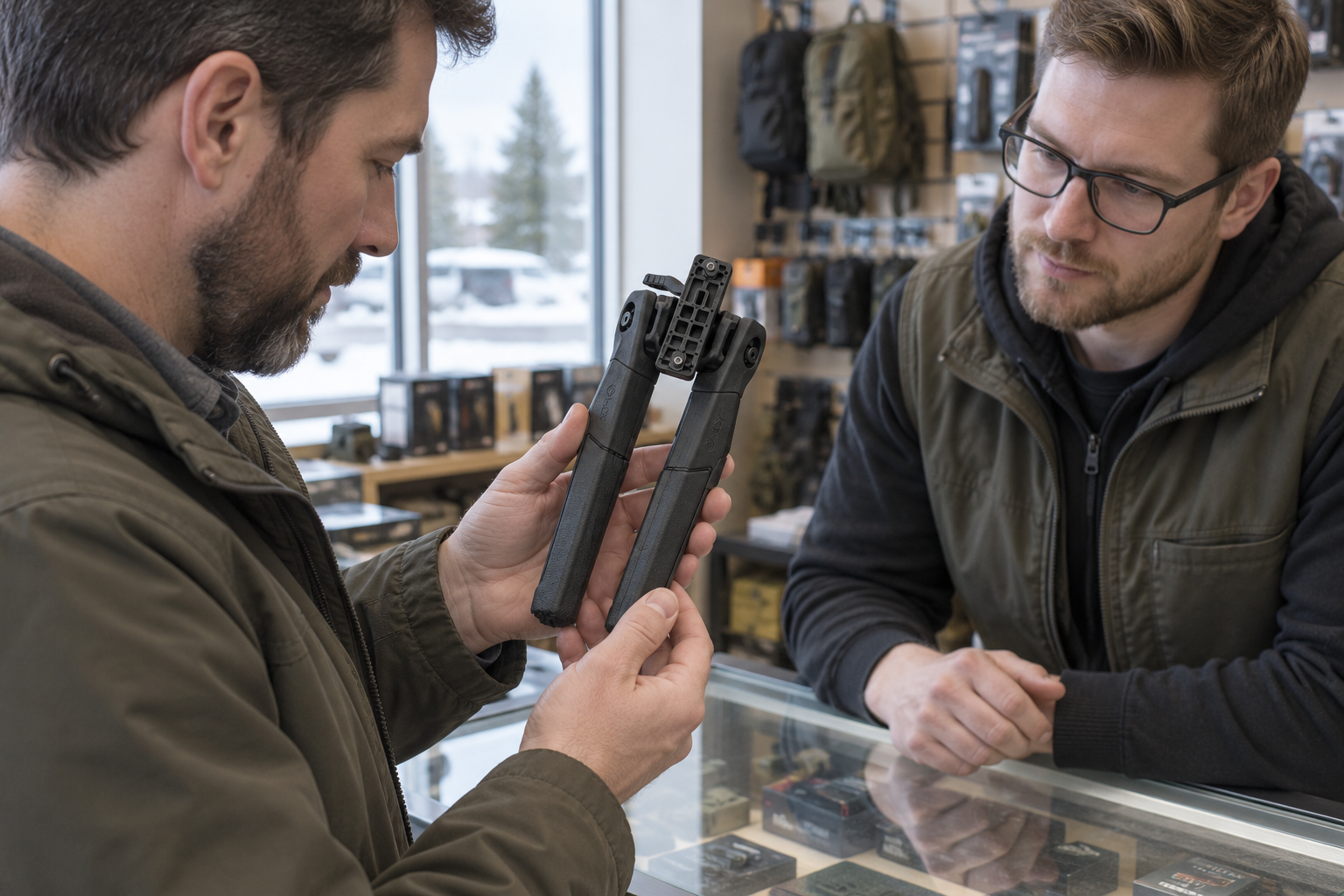 Two adults examine the mounting plate of a folded black bipod at a shop counter.
