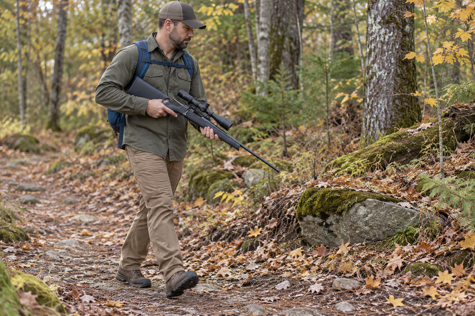 An adult carrying a scoped rimfire rifle and a blue daypack walks along a wooded path, with the muzzle angled toward clear ground.